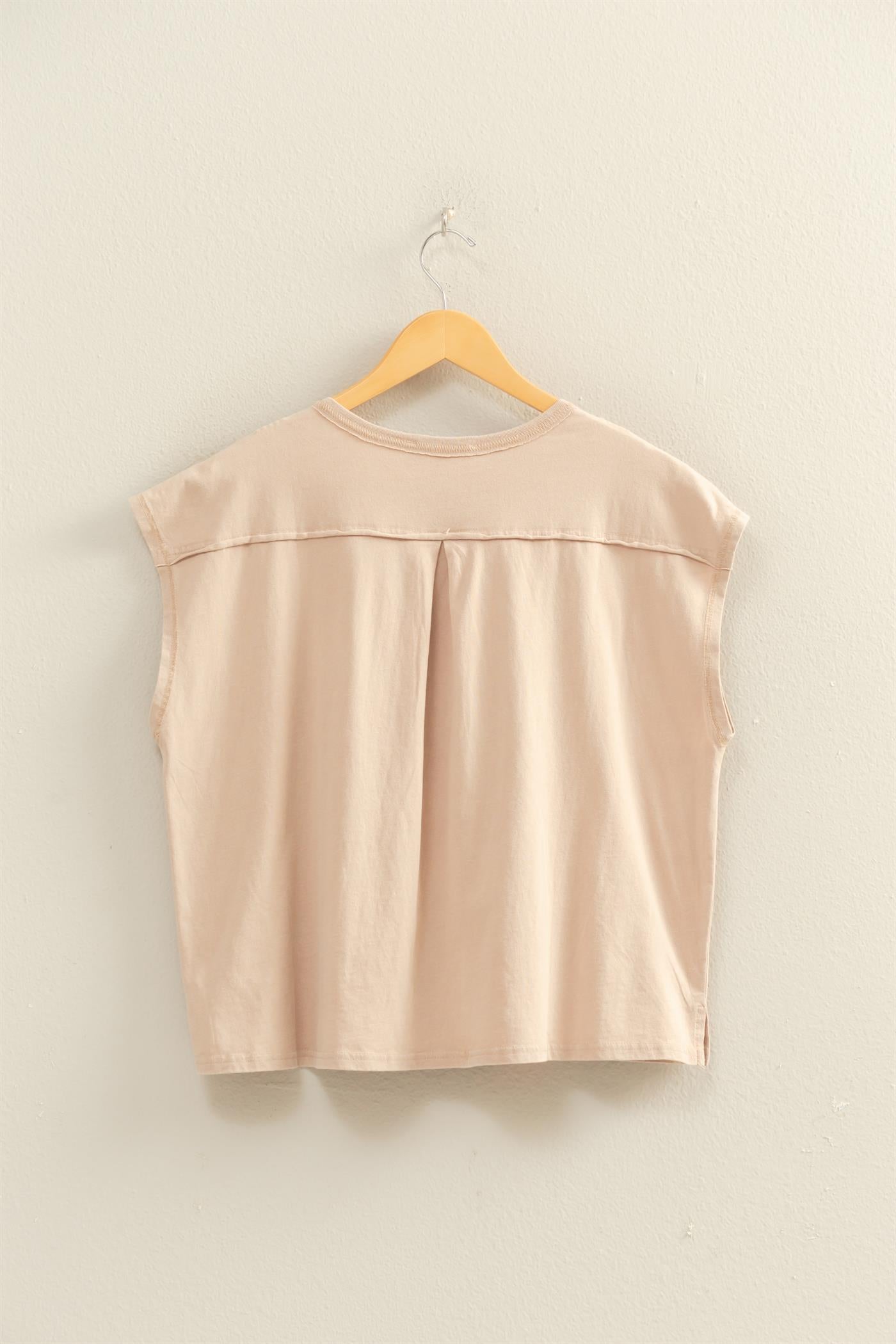 Wholesale Henley Neck Cap Sleeve Top Clothing Tops DZ26E279 TAUPE DOUBLE ZERO