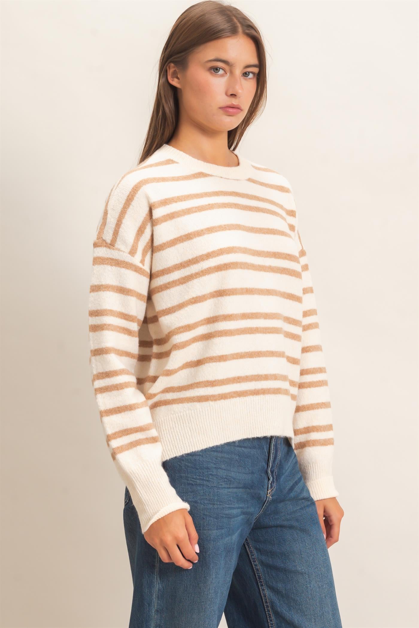 Wholesale Striped Crew Neck Sweater Sweaters DZ26E389 TAUPE DOUBLE ZERO