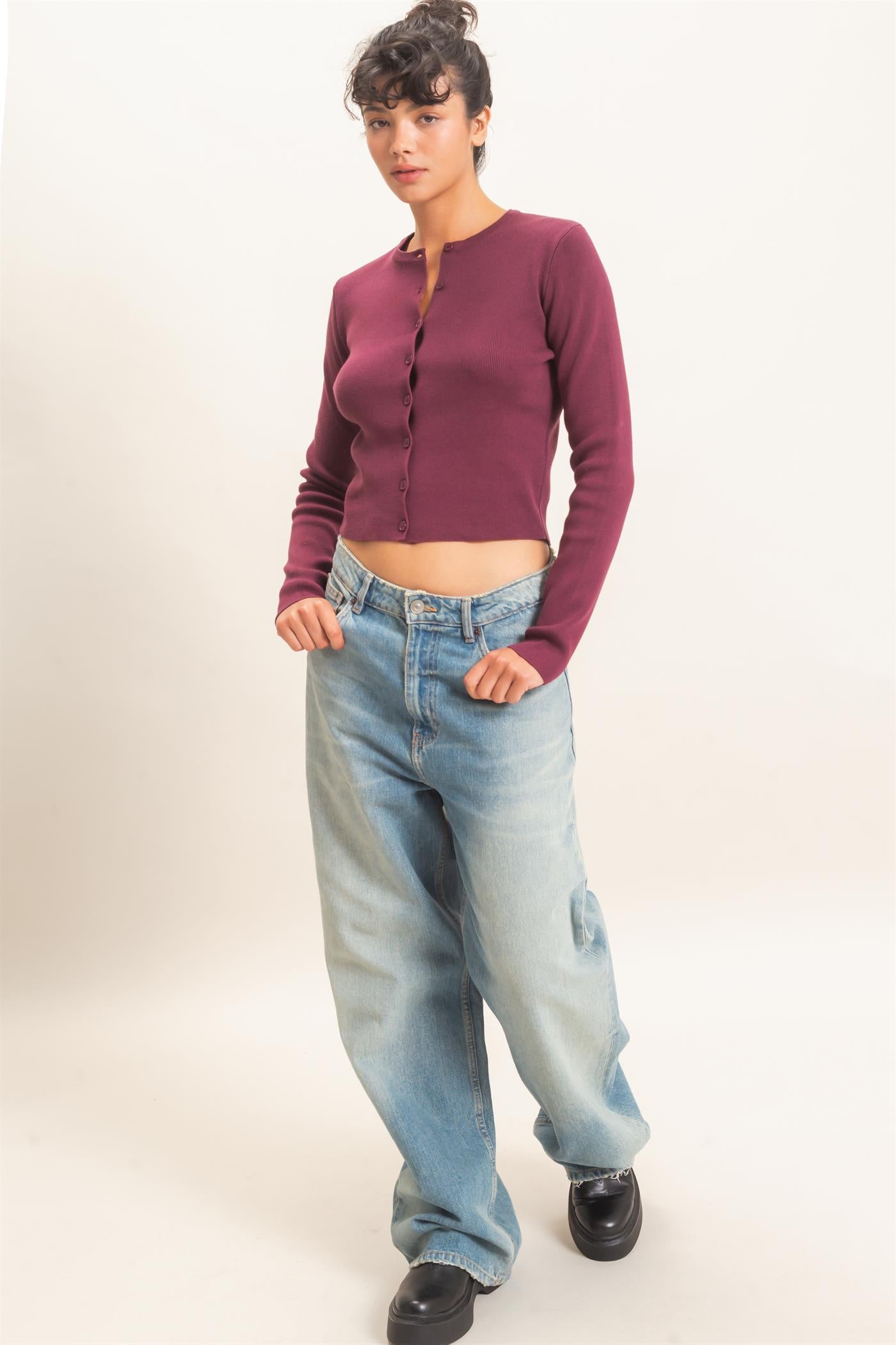 Wholesale Ribbed Crew Neck Cardigan Cardigans DZ27A153 DARK CHERRY DOUBLE ZERO