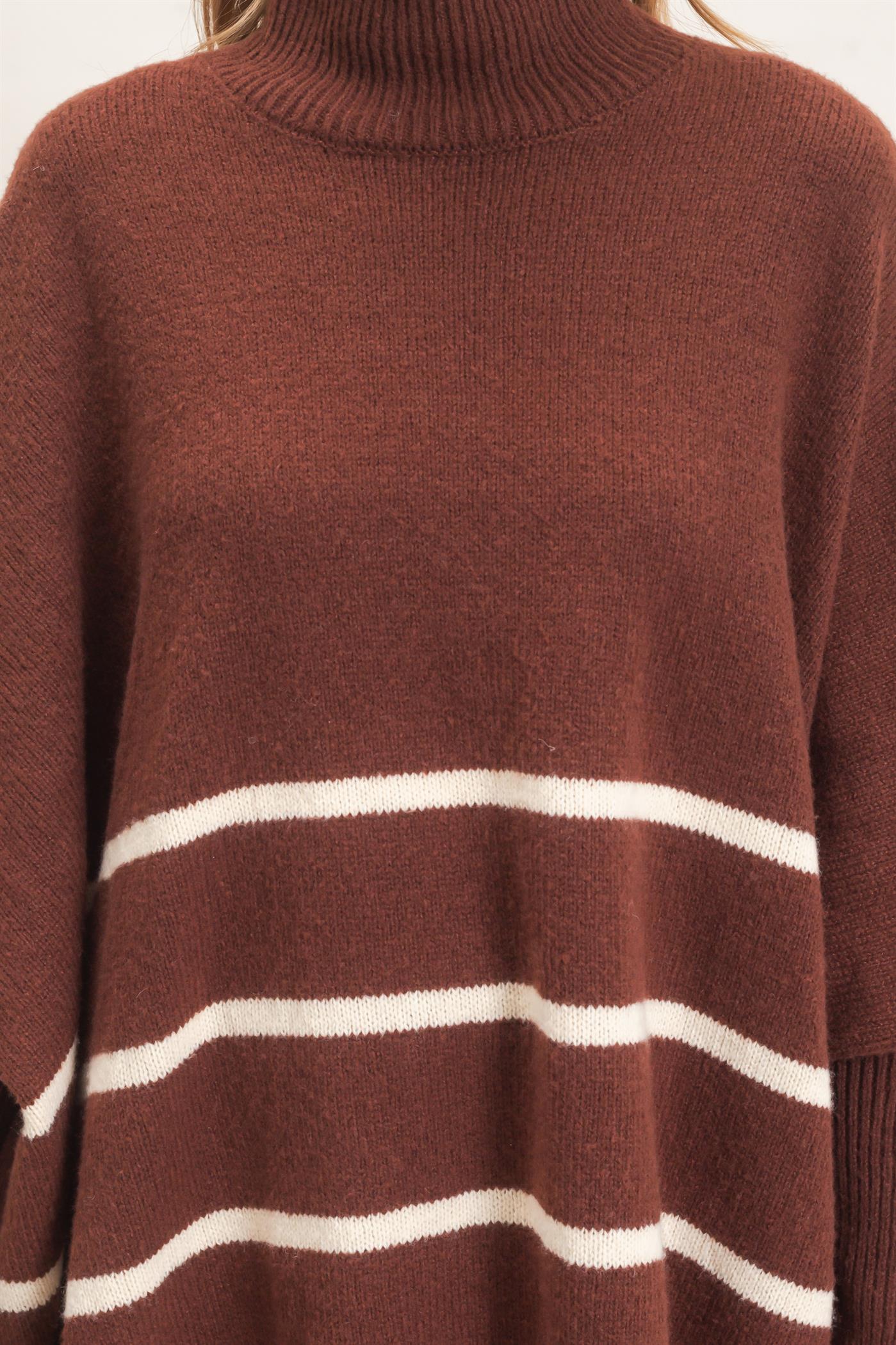 Wholesale Striped Turtleneck Poncho Sweater Sweaters HF26F194 BROWN HYFVE