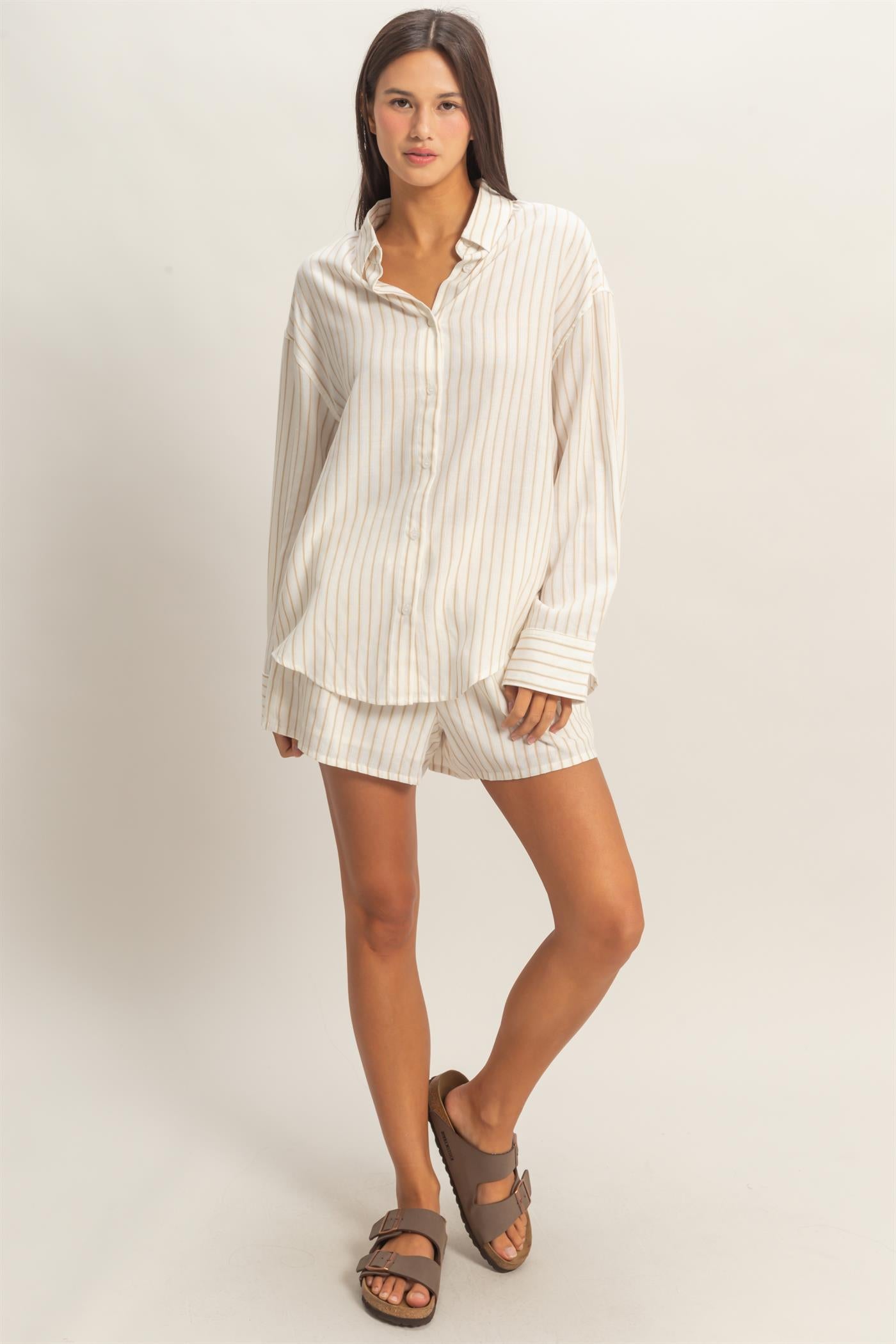 Wholesale Striped Button-Up Shirt Shirts DZ26C413 TAUPE DOUBLE ZERO