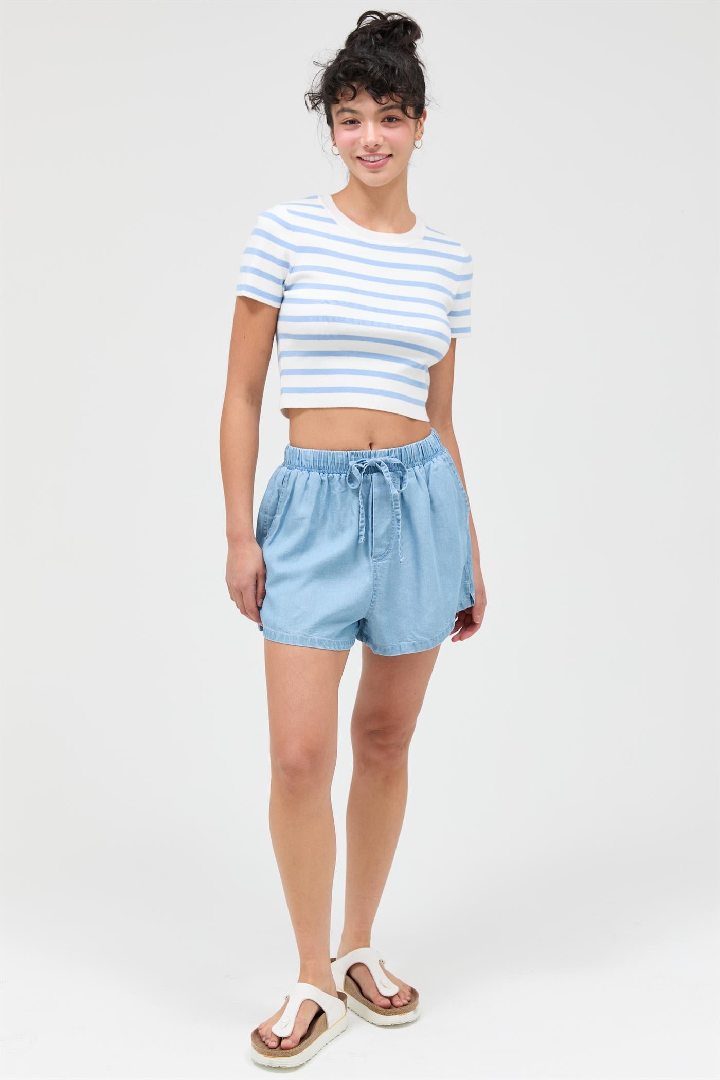 Wholesale Striped And Knit Crew Neck Crop Top Clothing Tops DZ26A139 ICE BLUE DOUBLE ZERO