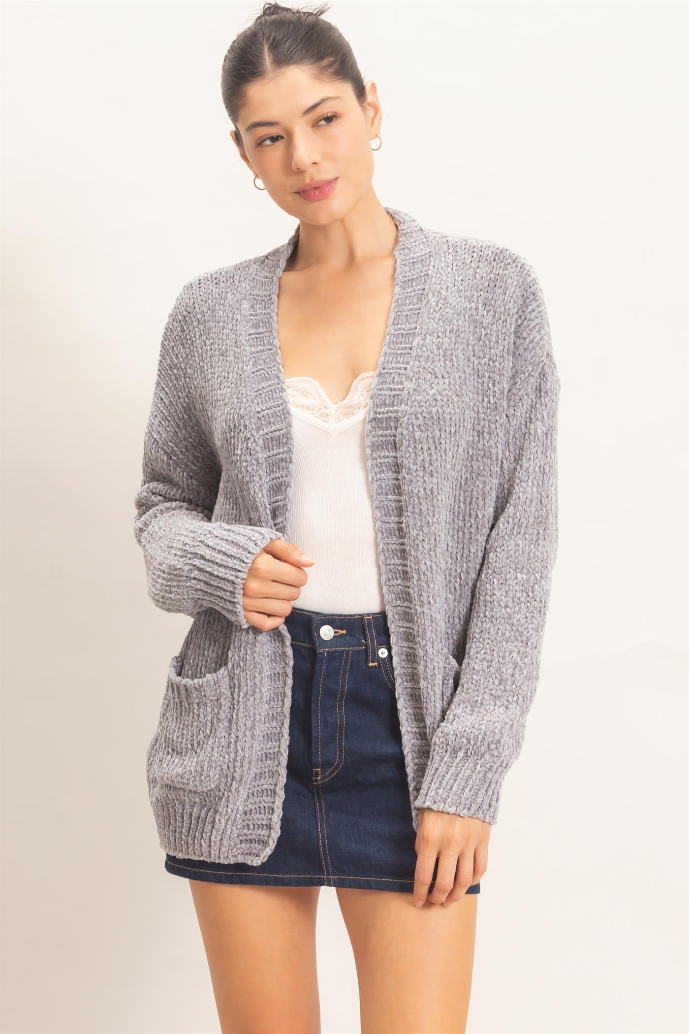 Wholesale Patch Pocket Chenille Cardigan Cardigans HF26E839 LIGHT GRAY HYFVE