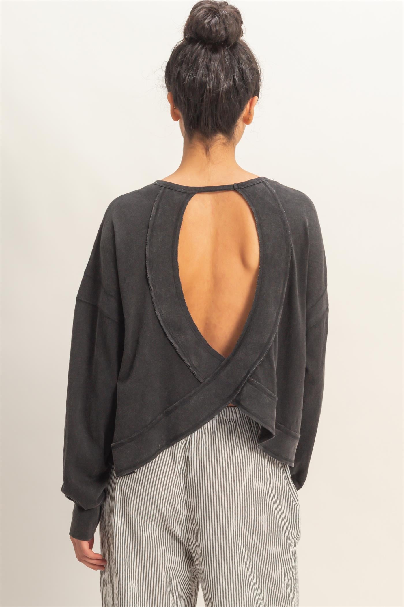 Wholesale Cross Detail Open Back Long-Sleeve Top Clothing Tops DZ26C731 BLACK DOUBLE ZERO