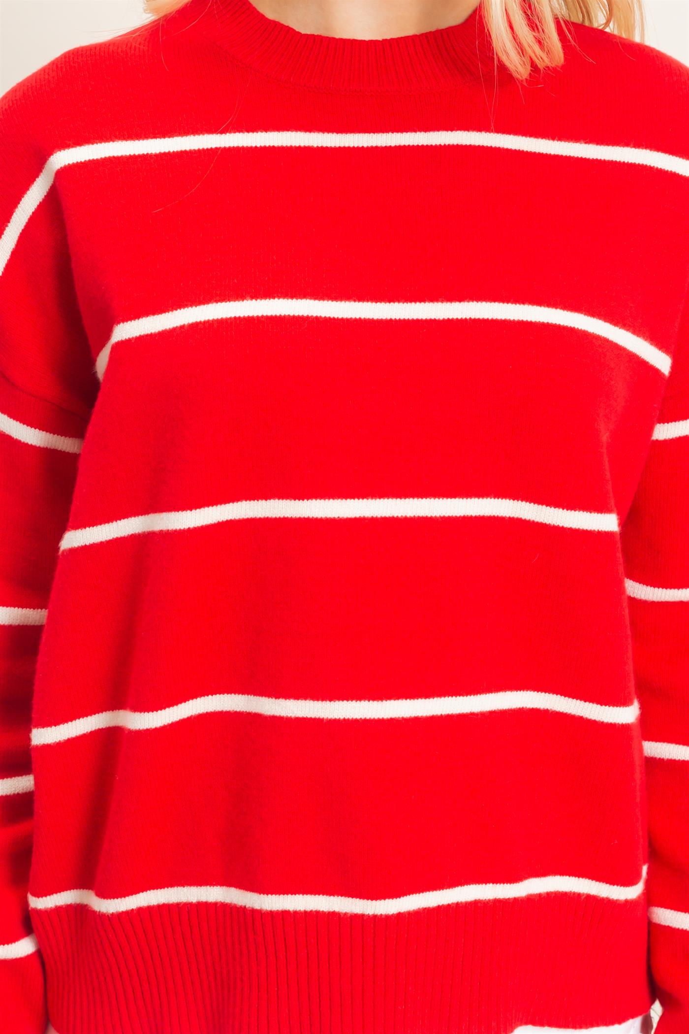 Wholesale Striped Ribbed Crew Neck Sweater Sweaters HF26F169 RED HYFVE