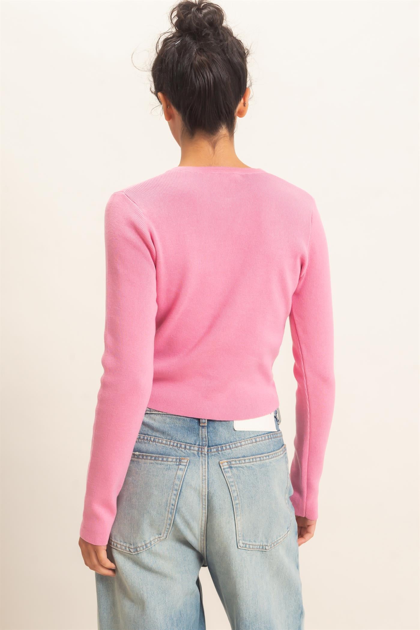 Wholesale Ribbed Crew Neck Cardigan Cardigans DZ27A153 PINK DOUBLE ZERO