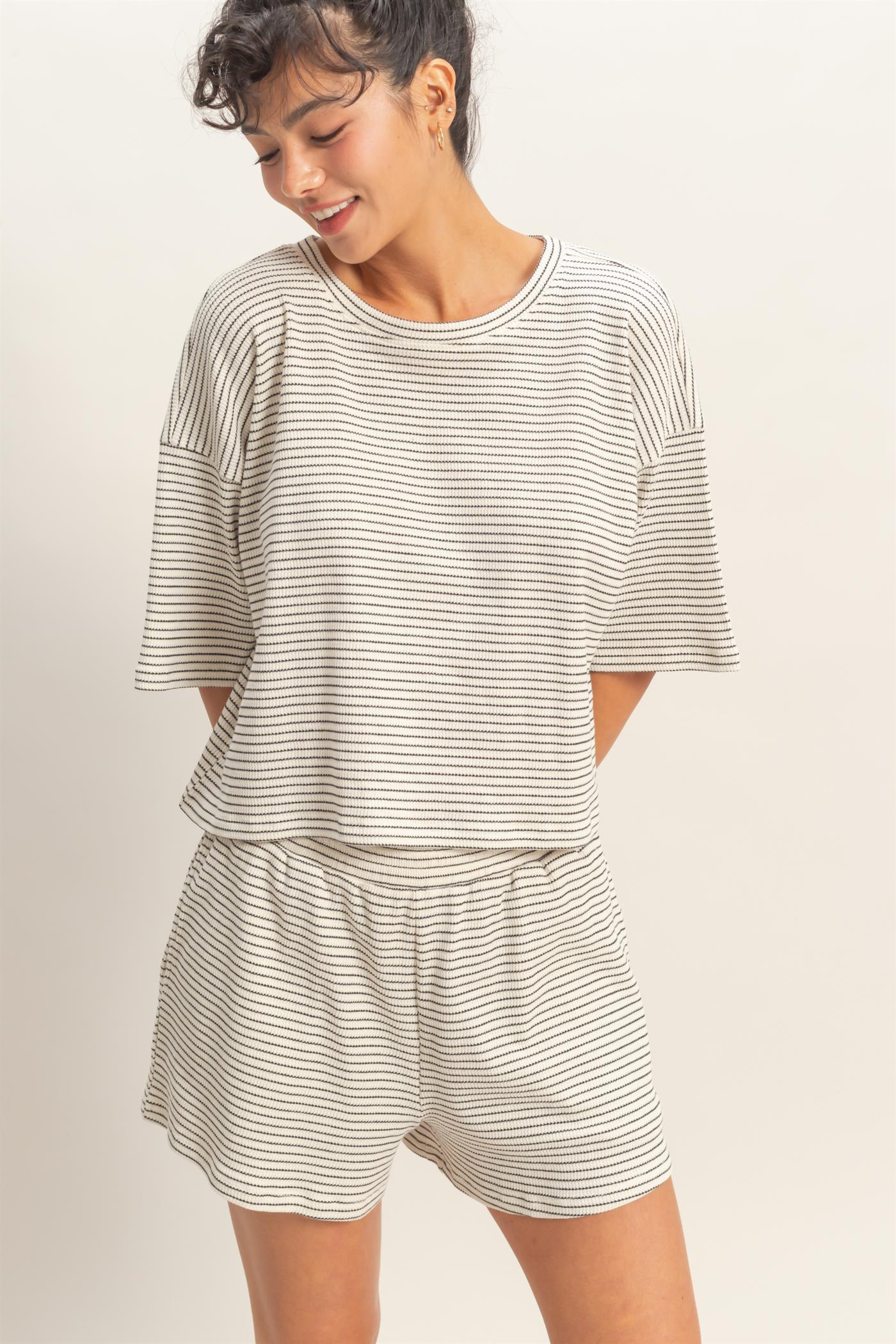 Wholesale Striped Round Neck Top & Shorts Set Clothing DZ26A045-SET CREAM DOUBLE ZERO