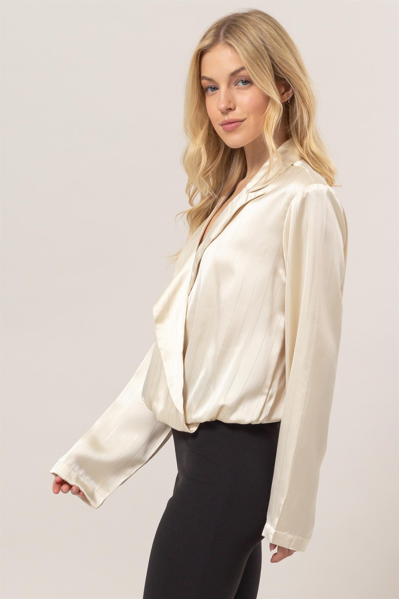 Wholesale Sophisticated Lurex Striped Wrap Blouse Clothing Tops HF25C383 CHAMPAGNE HYFVE