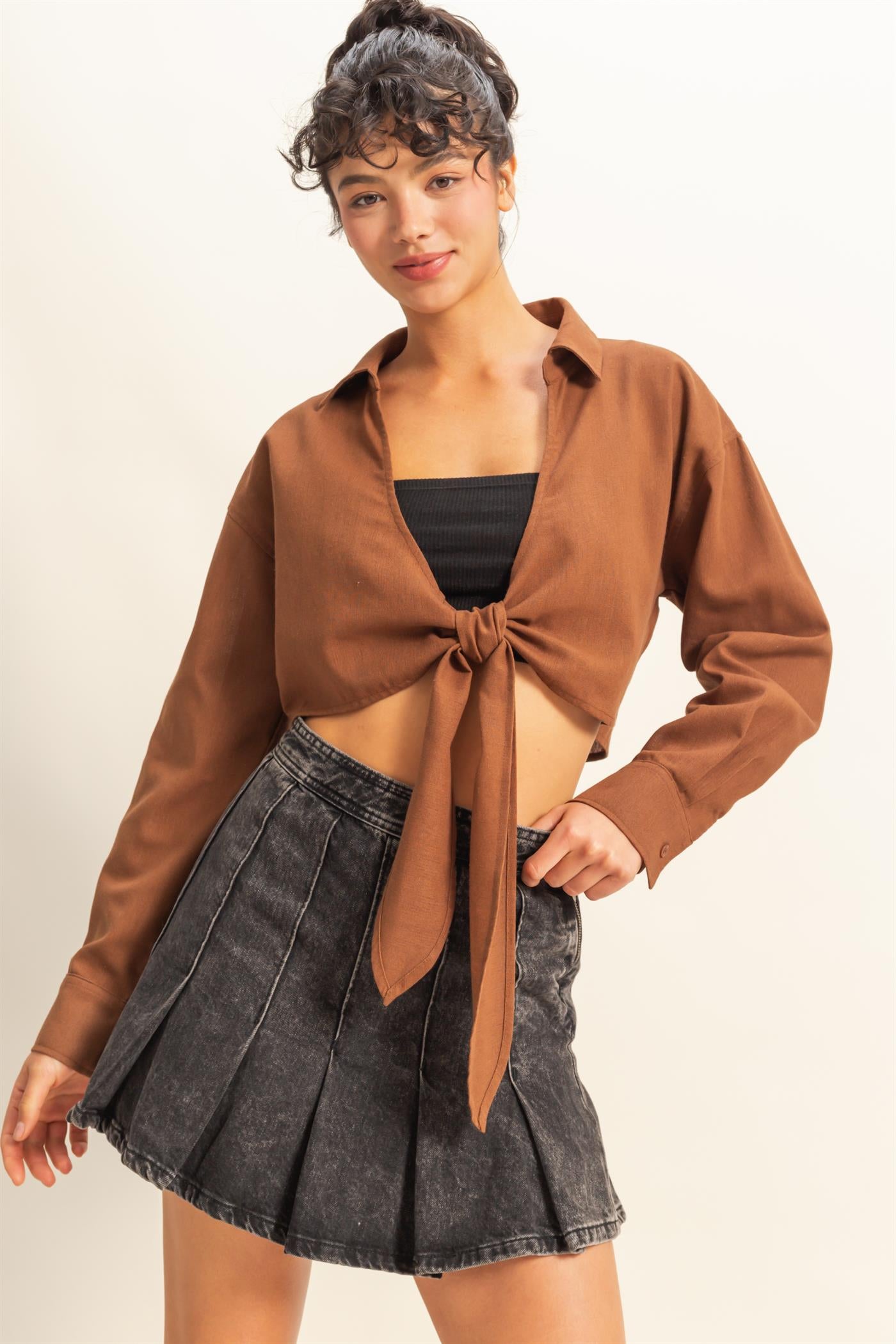 Wholesale Sand Washed Tie Front Crop Top Blouses DZ24C963 CHESTNUT DOUBLE ZERO
