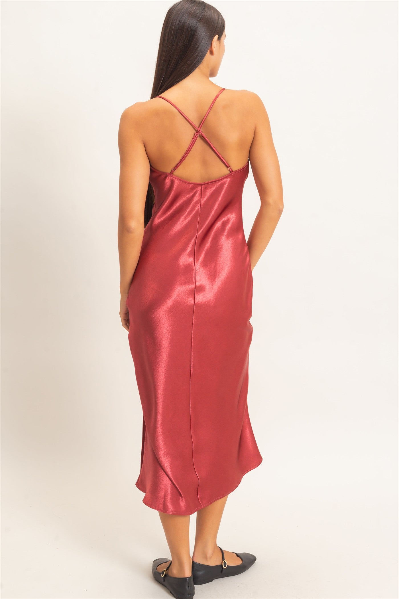 Wholesale Cowl Neck Satin Slip Dress Dresses DZ26E251 DARK RED DOUBLE ZERO