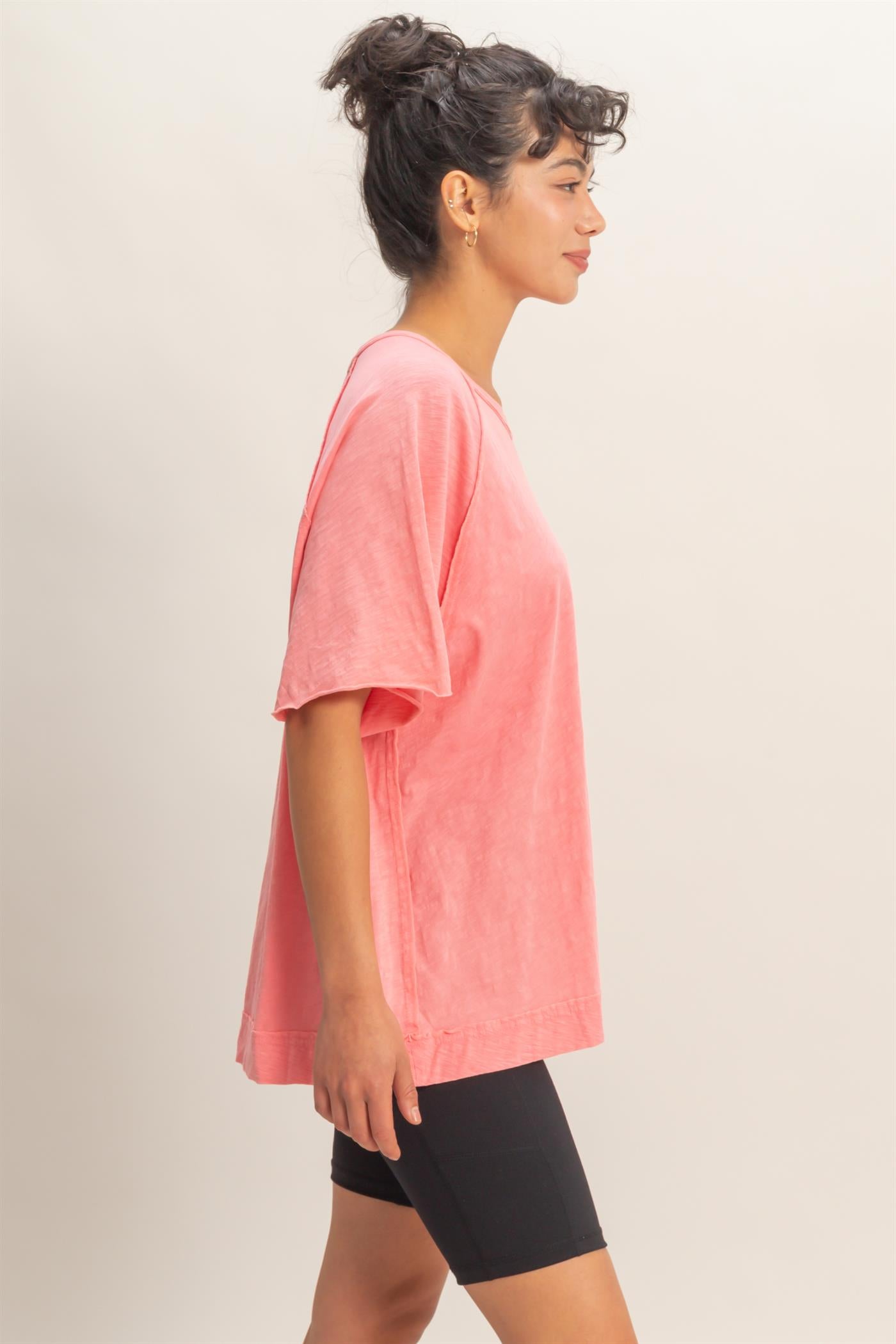 Wholesale Acid Washed Oversized Raw Edges Raglan Tee T-Shirts DZ26A333 TAFFY PINK DOUBLE ZERO