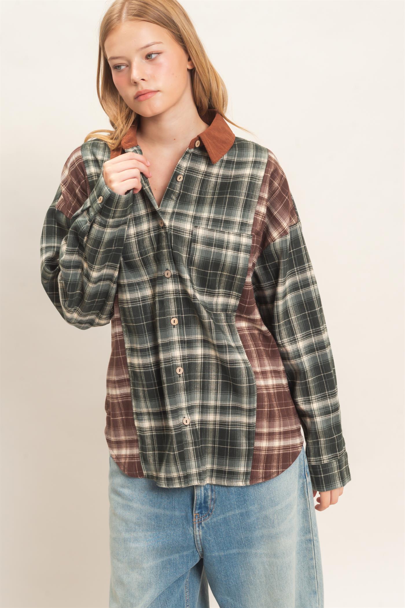 Wholesale Plaid Button-Up Shirt With Corduroy Collar Shirts HF26E157 GREEN HYFVE