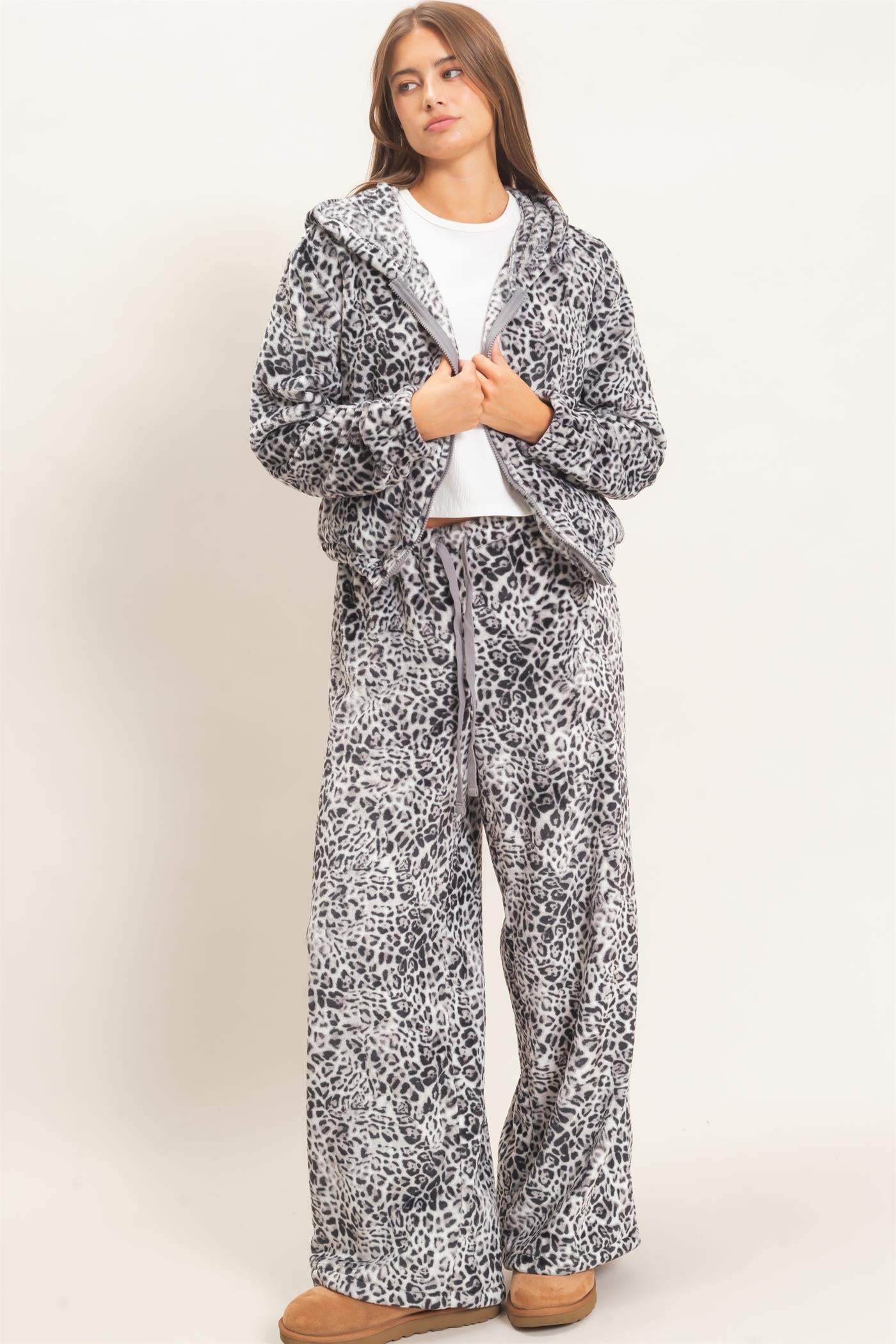 Wholesale Leopard Fleece Zip-Up Hoodie Hoodies DZ26E831 GRAY DOUBLE ZERO