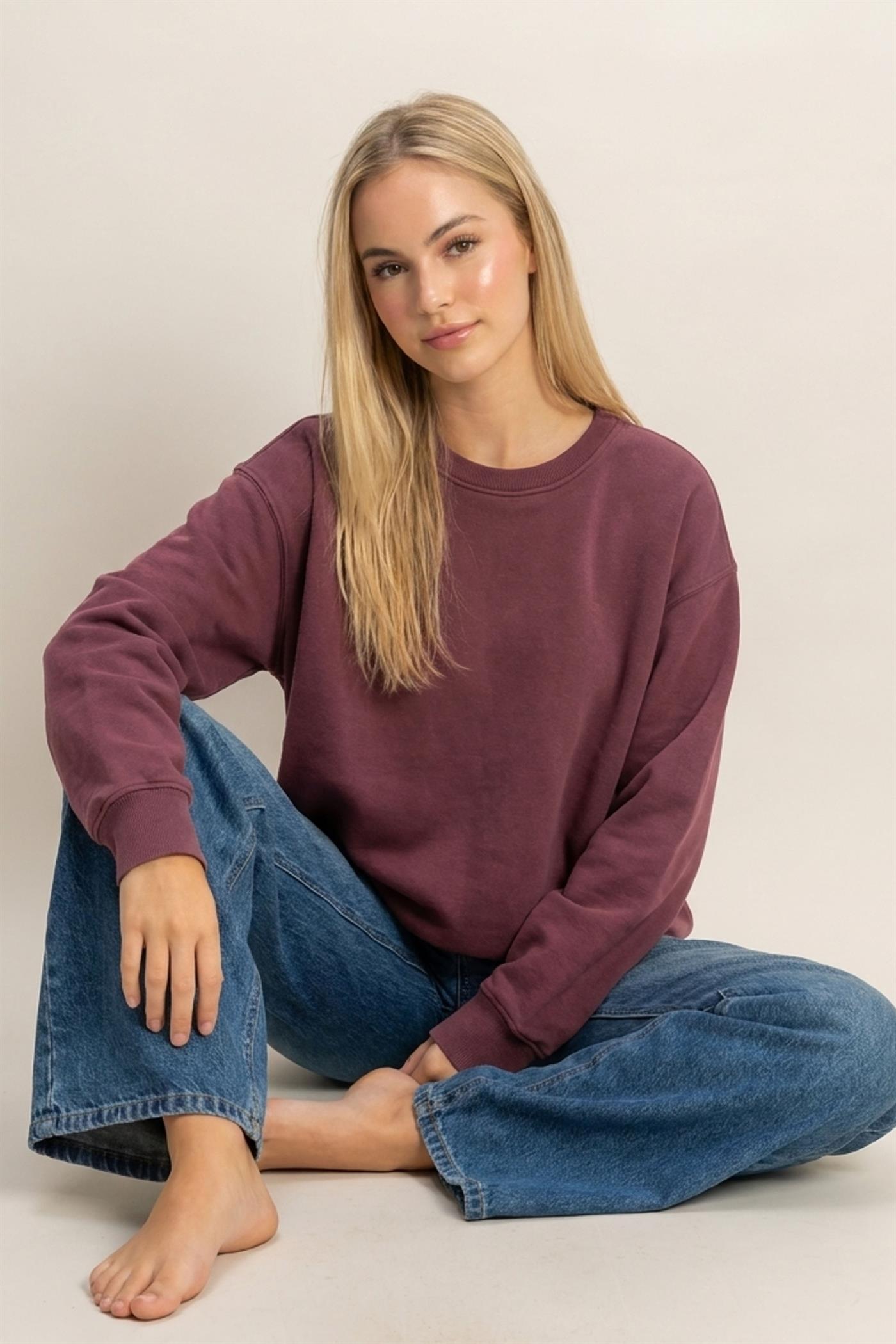 Wholesale Mineral Wash Crew Neck Sweatshirt Sweatshirts DZ26E990 DARK CHERRY DOUBLE ZERO