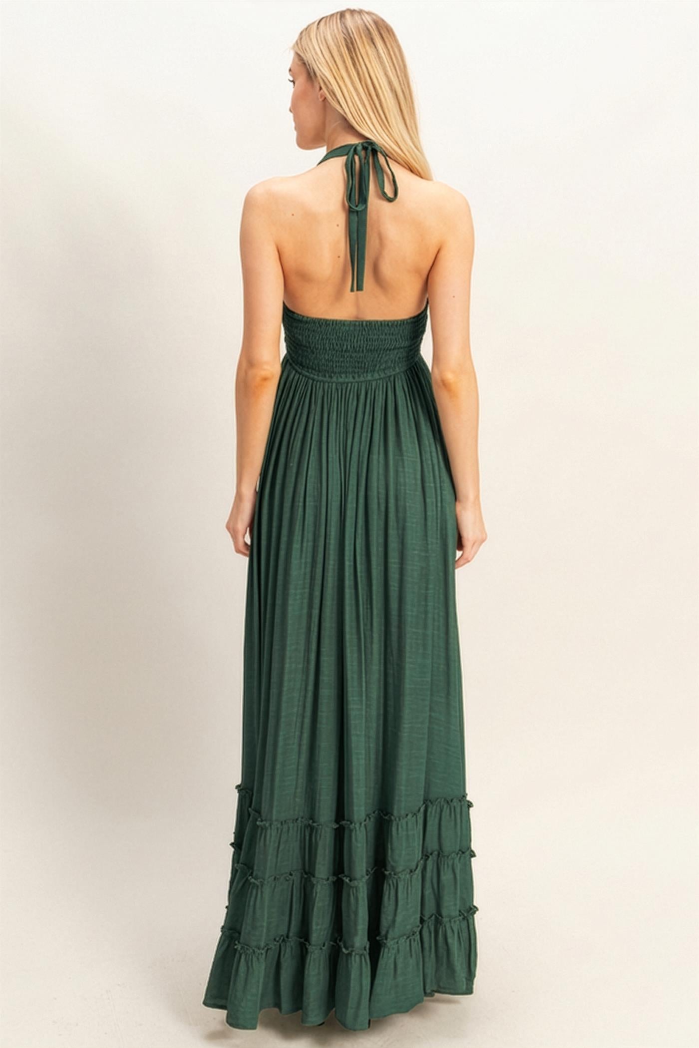 Wholesale Halter Neck Smocked Maxi Dress Dresses HF26C287-D HUNTER GREEN HYFVE
