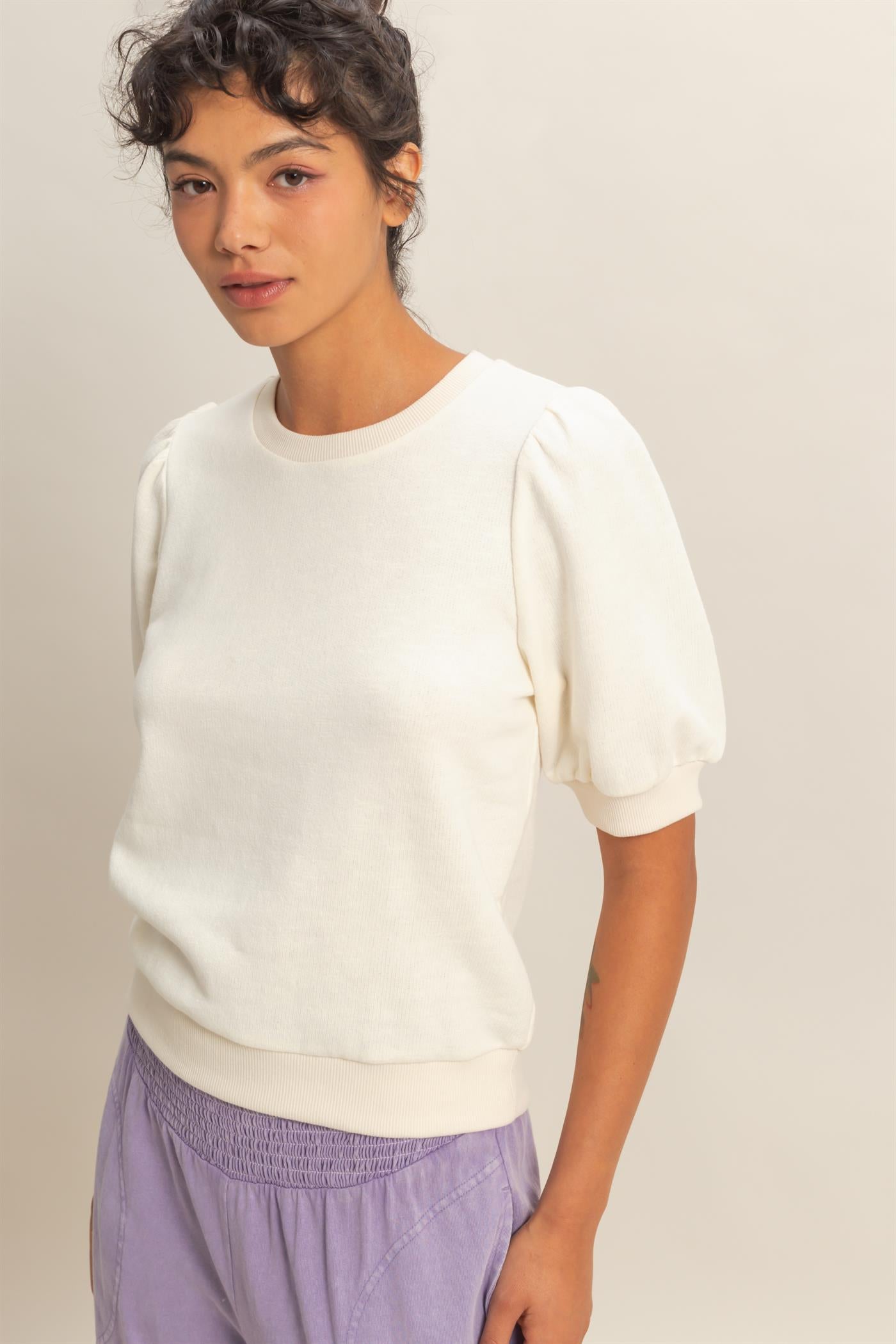 Wholesale Puff Short Sleeve Crew Neck Top Clothing Tops DZ26A927 WHIP CREAM DOUBLE ZERO