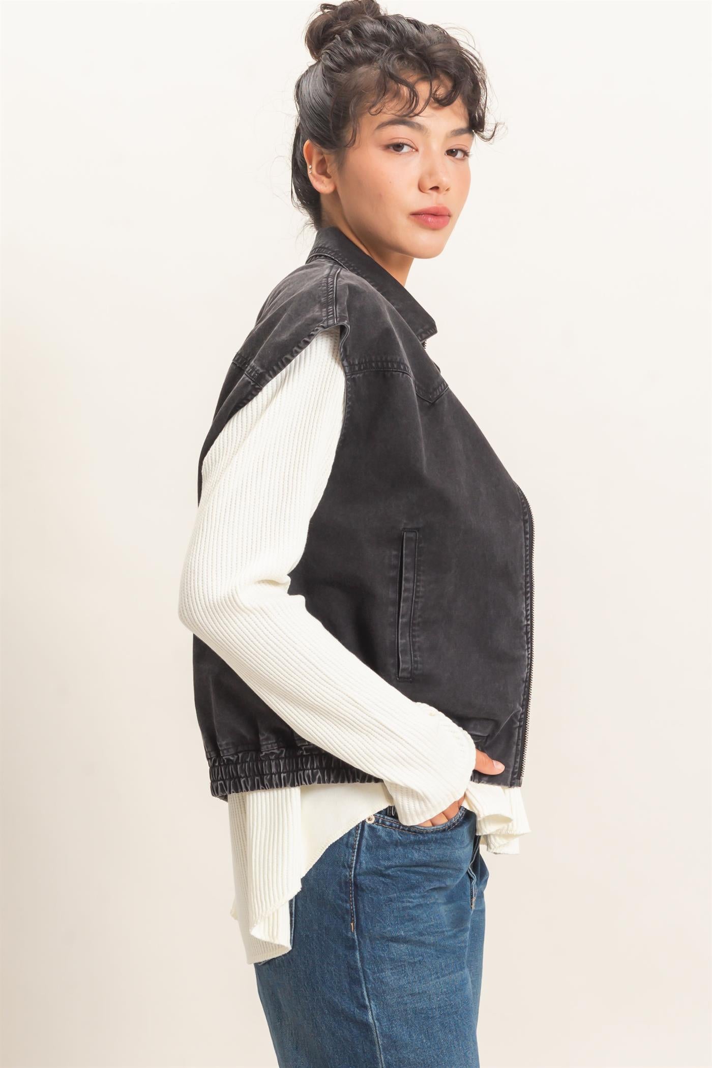Wholesale Mineral Wash Sleeveless Zip-Up Collar Vest Vests DZ26E392 BLACK DOUBLE ZERO