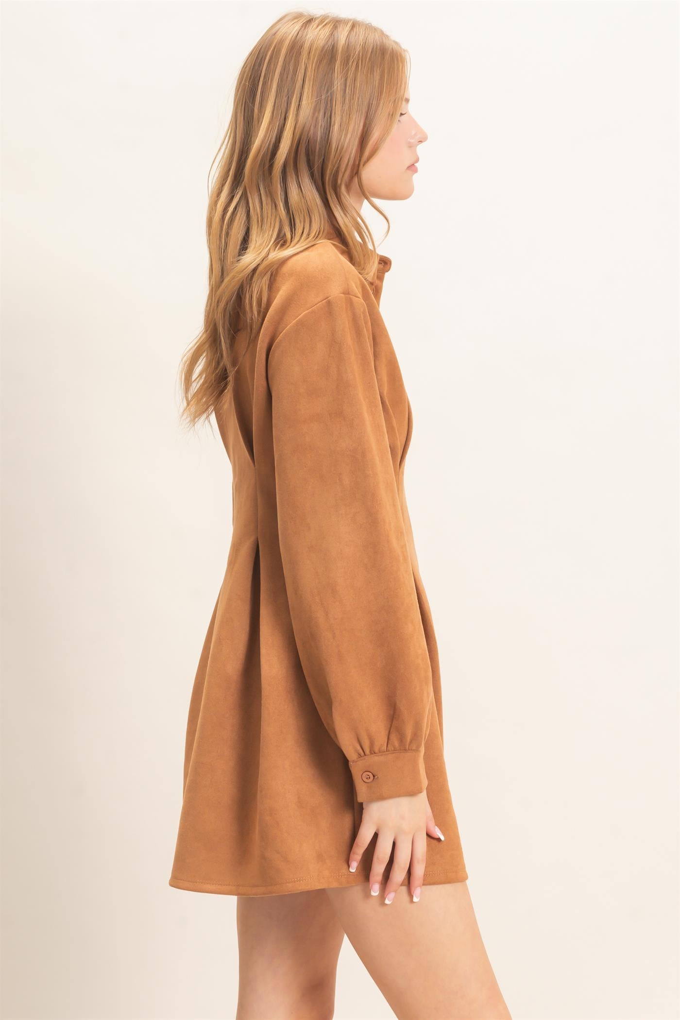 Wholesale Faux Suede Long Sleeve Shirtdress Dresses HF26F063 CAMEL HYFVE