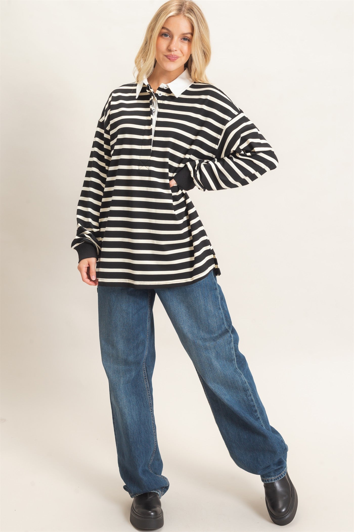 Wholesale Striped Polo Long Sleeve Top Clothing Tops HF26F078 BLACK/CREAM HYFVE