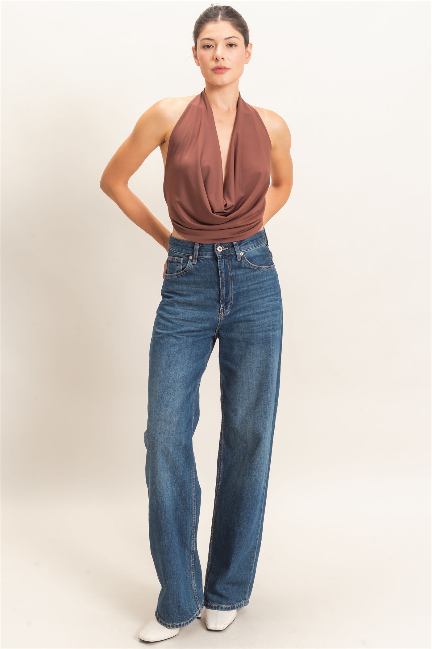 Wholesale Draped Halter Neck Top Blouses HF26F076 COCOA HYFVE
