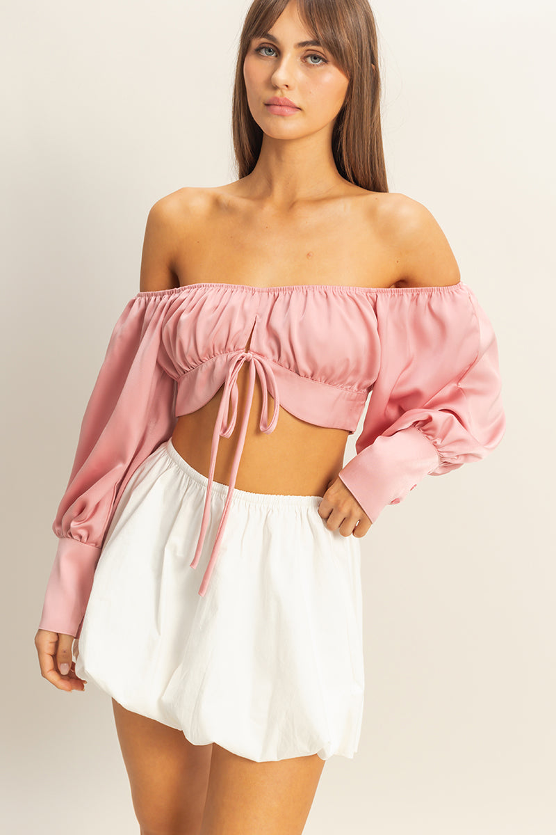 Wholesale Off The Shoulder Satin Crop Top Clothing Tops FS22E582 MAUVE HYFVE