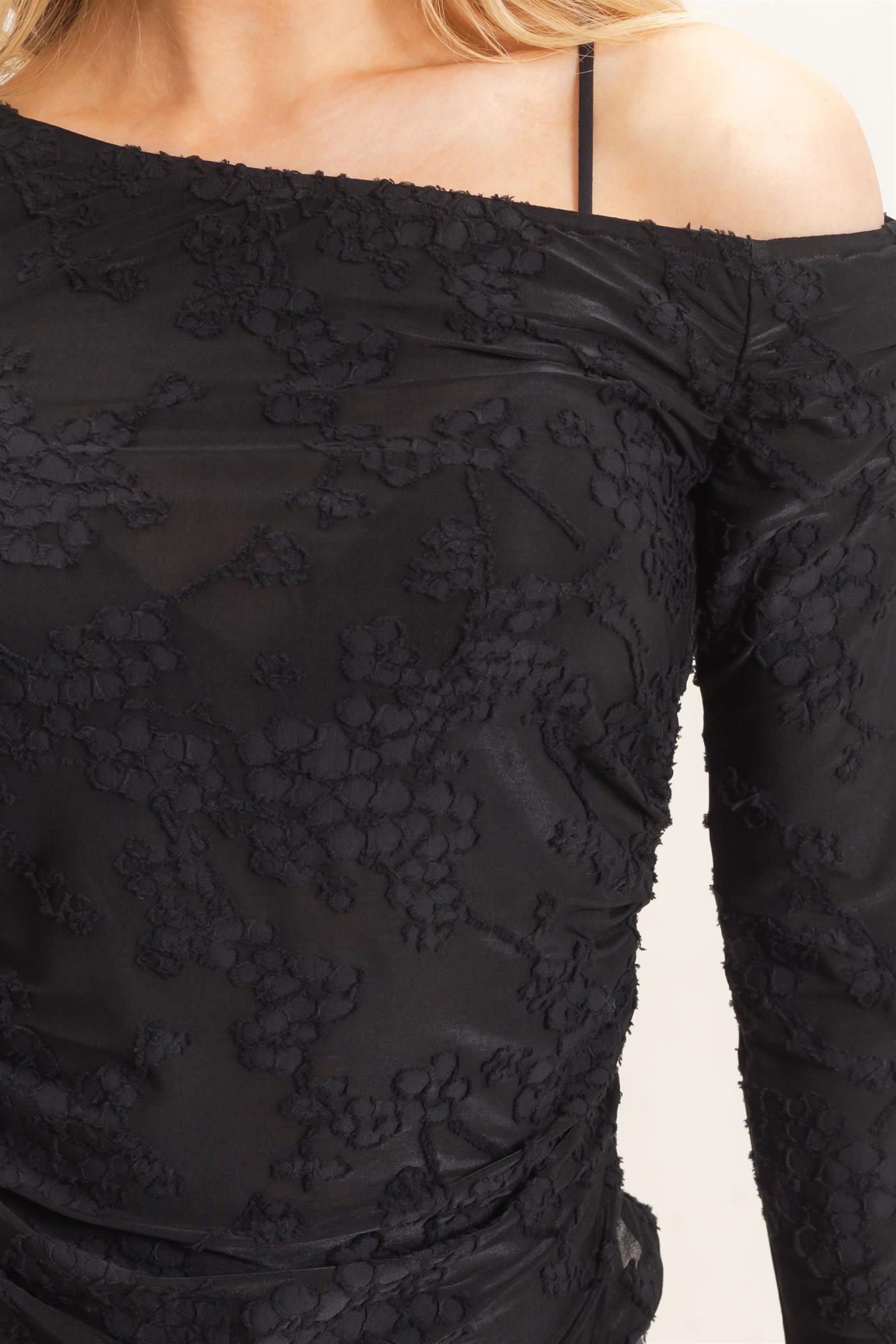 Wholesale Textured Mesh Off-Shoulder Top Blouses HF26F043 BLACK HYFVE