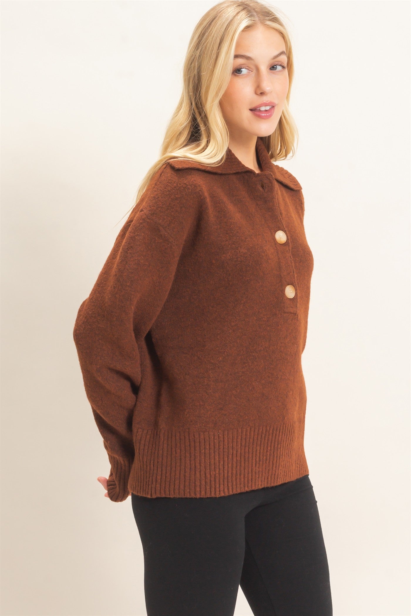 Wholesale Button-Up Collared Sweater Sweaters HF26E752 BROWN HYFVE