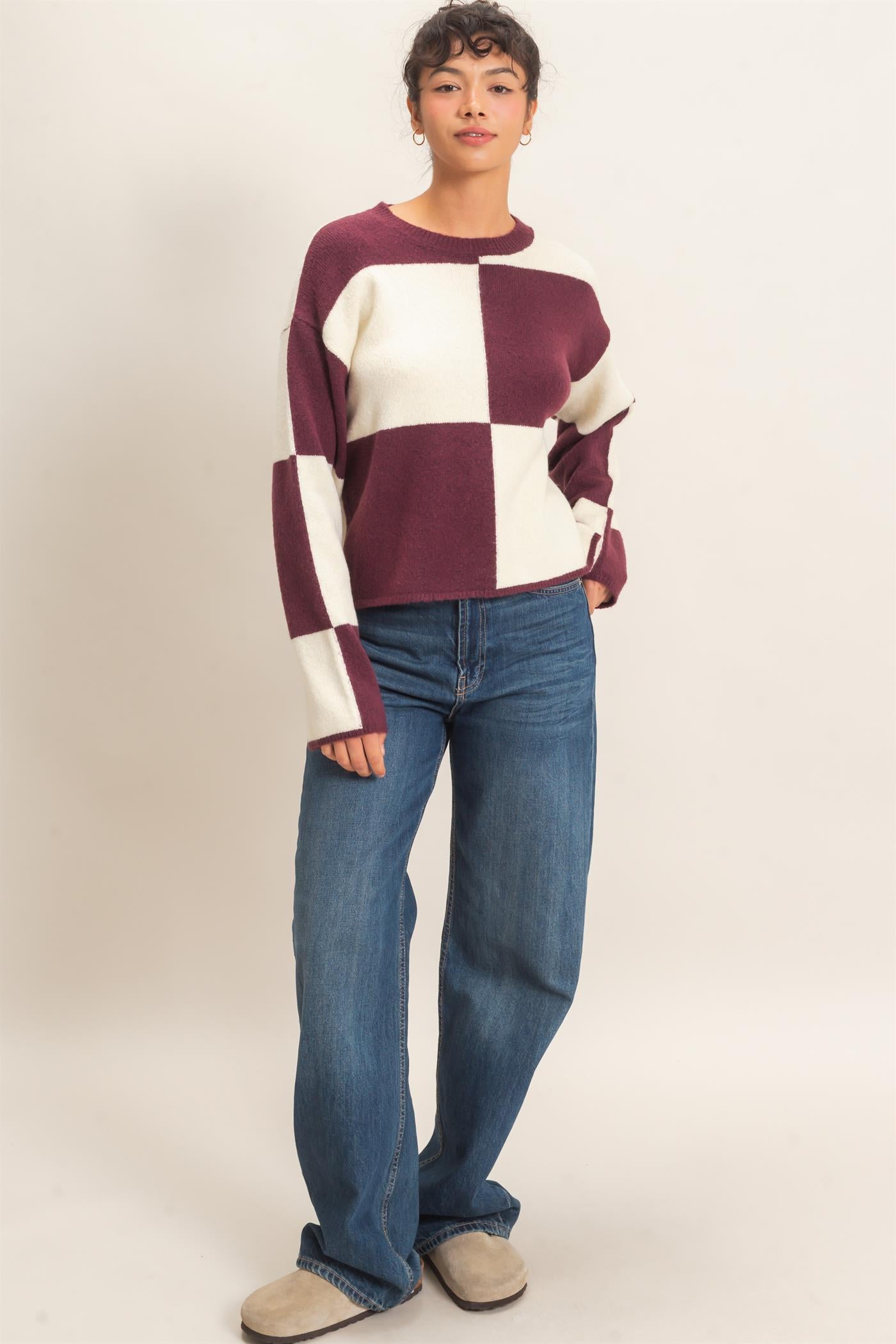 Wholesale Crew Neck Checkered Sweater Sweaters DZ26C980 DARK CHERRY DOUBLE ZERO