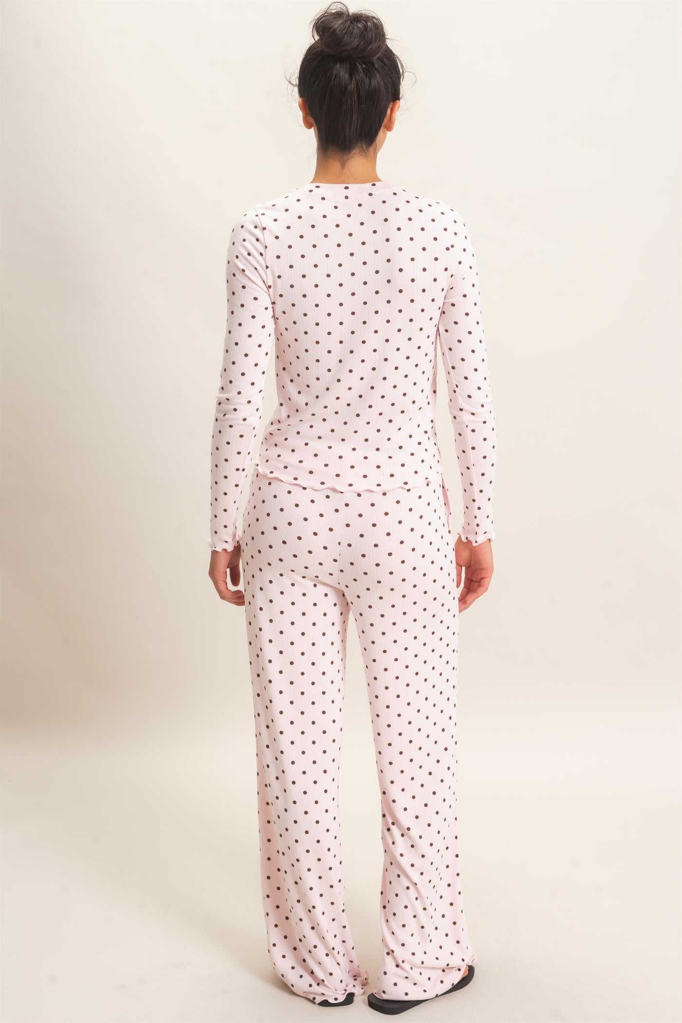 Wholesale Polka Dot Long Sleeve Top & Pants Set Clothing DZ26E914-SET LIGHT PINK DOUBLE ZERO