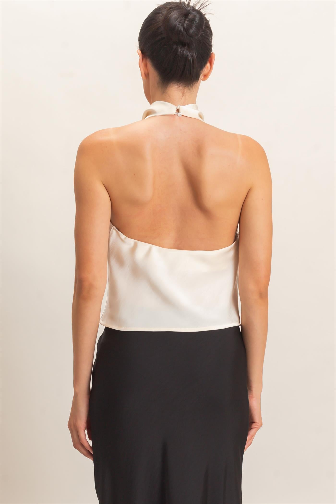 Wholesale Draped Halter Satin Top Blouses HF26E632 CREAM HYFVE