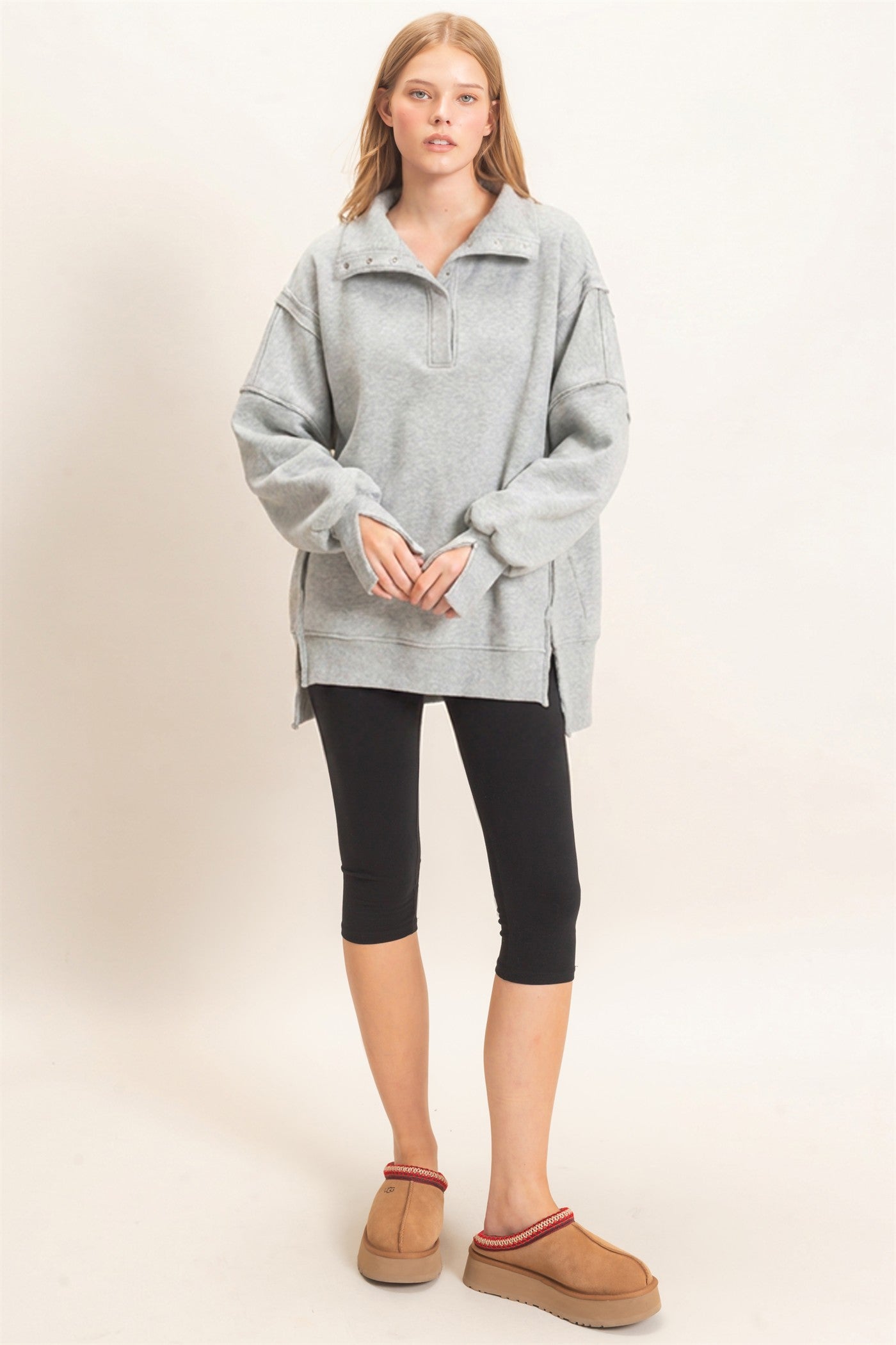 Wholesale Mineral Wash Snap Collar Pullover Clothing Tops HF26F086-D HEATHER GRAY HYFVE