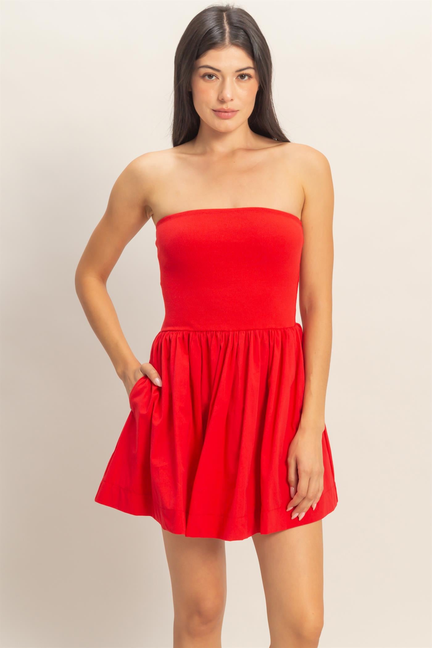 Wholesale Strapless Flowy Mini Dress Dresses DZ26C043 RED DOUBLE ZERO