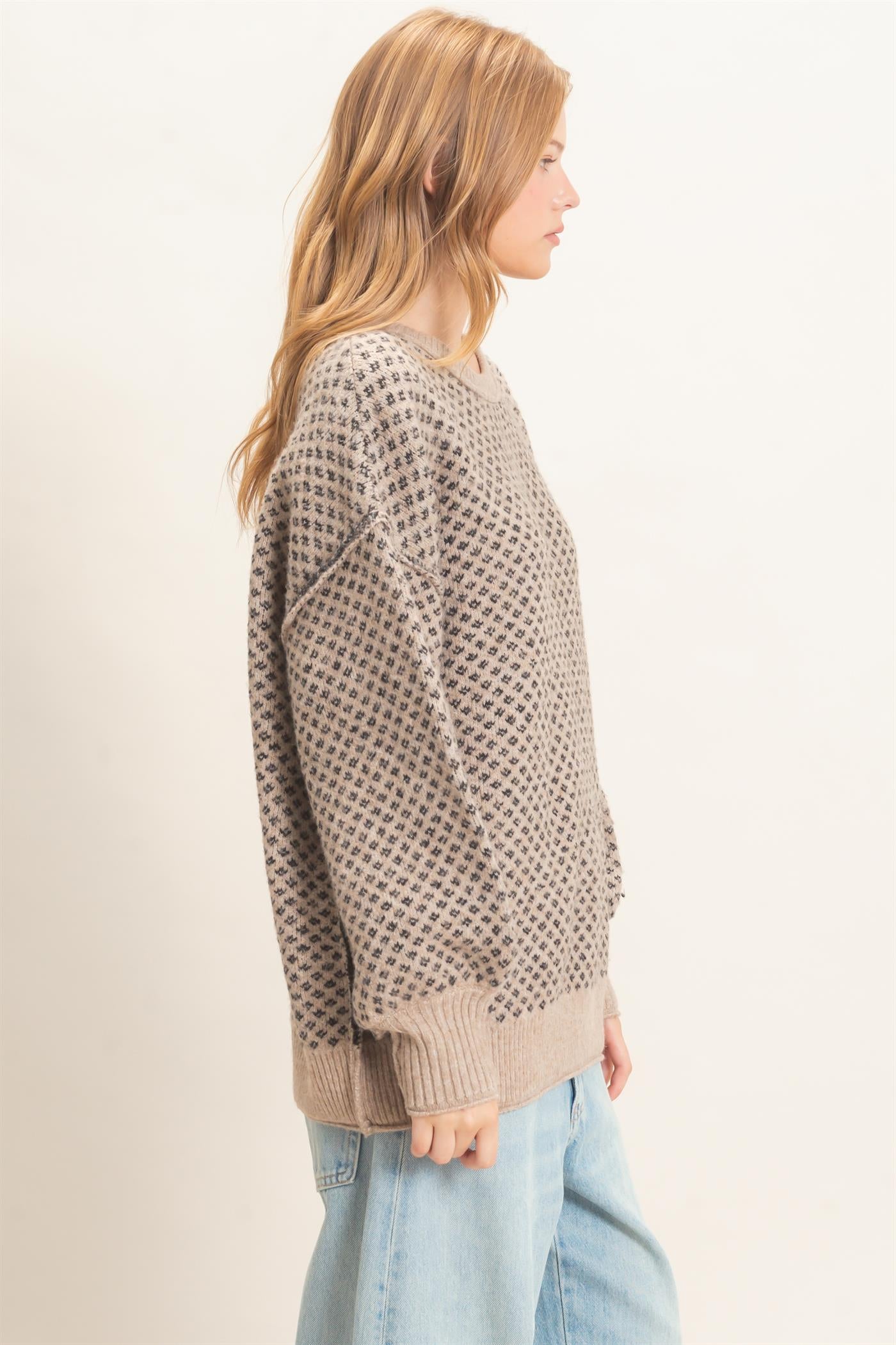Wholesale Diamond Jacquard Knit Sweater Sweaters HF26E891 TAUPE HYFVE