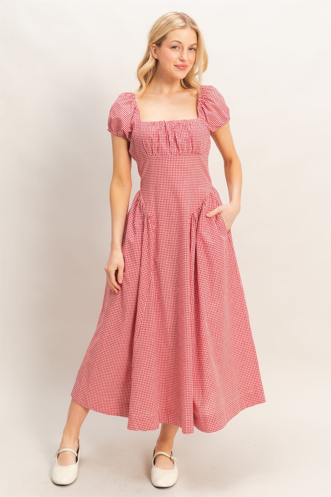 Wholesale Gingham Puff Sleeve Dress Dresses HF26A321 RED HYFVE