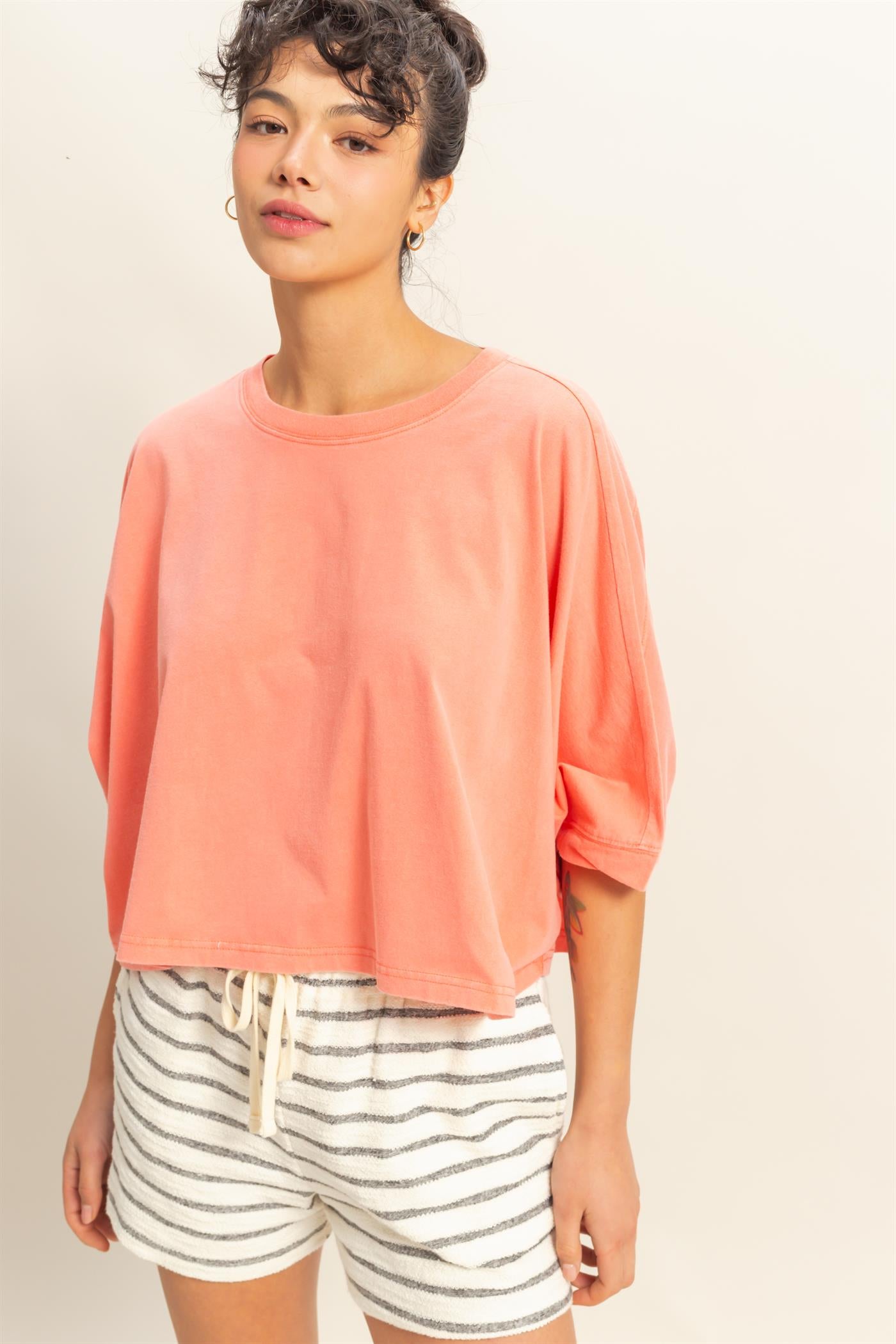 Wholesale Flowy Bat Wing Sleeves Knit Top Clothing Tops DZ25A797 CORAL DOUBLE ZERO