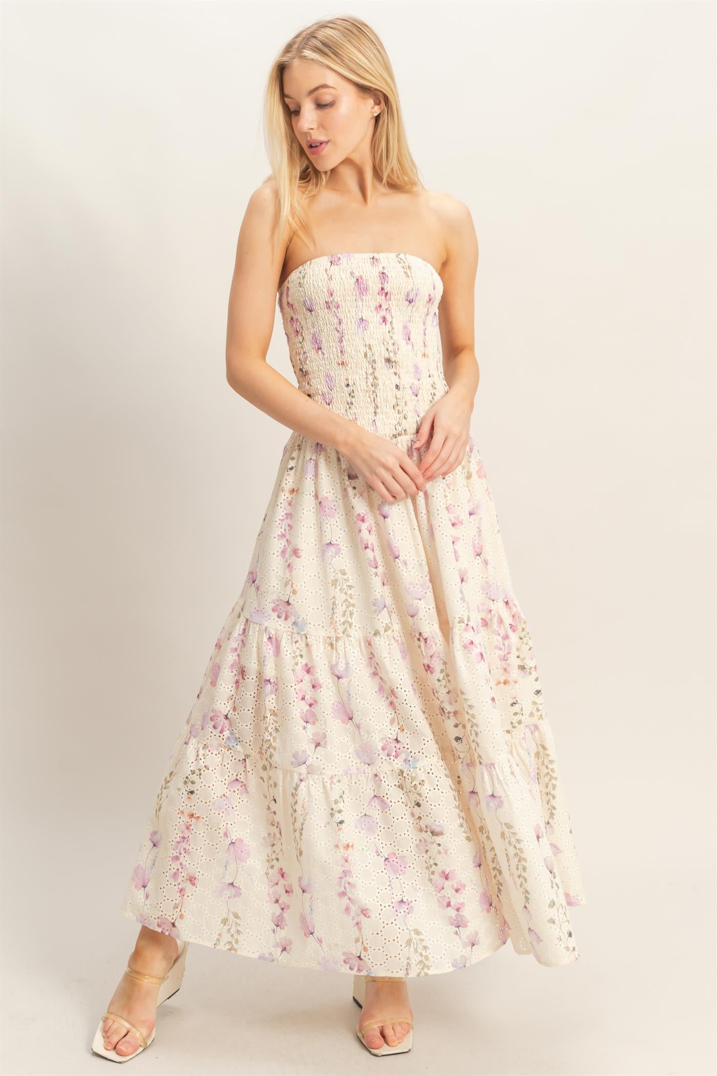 Wholesale Strapless Smocked Floral Dress Dresses HF25E642-D YELLOW HYFVE