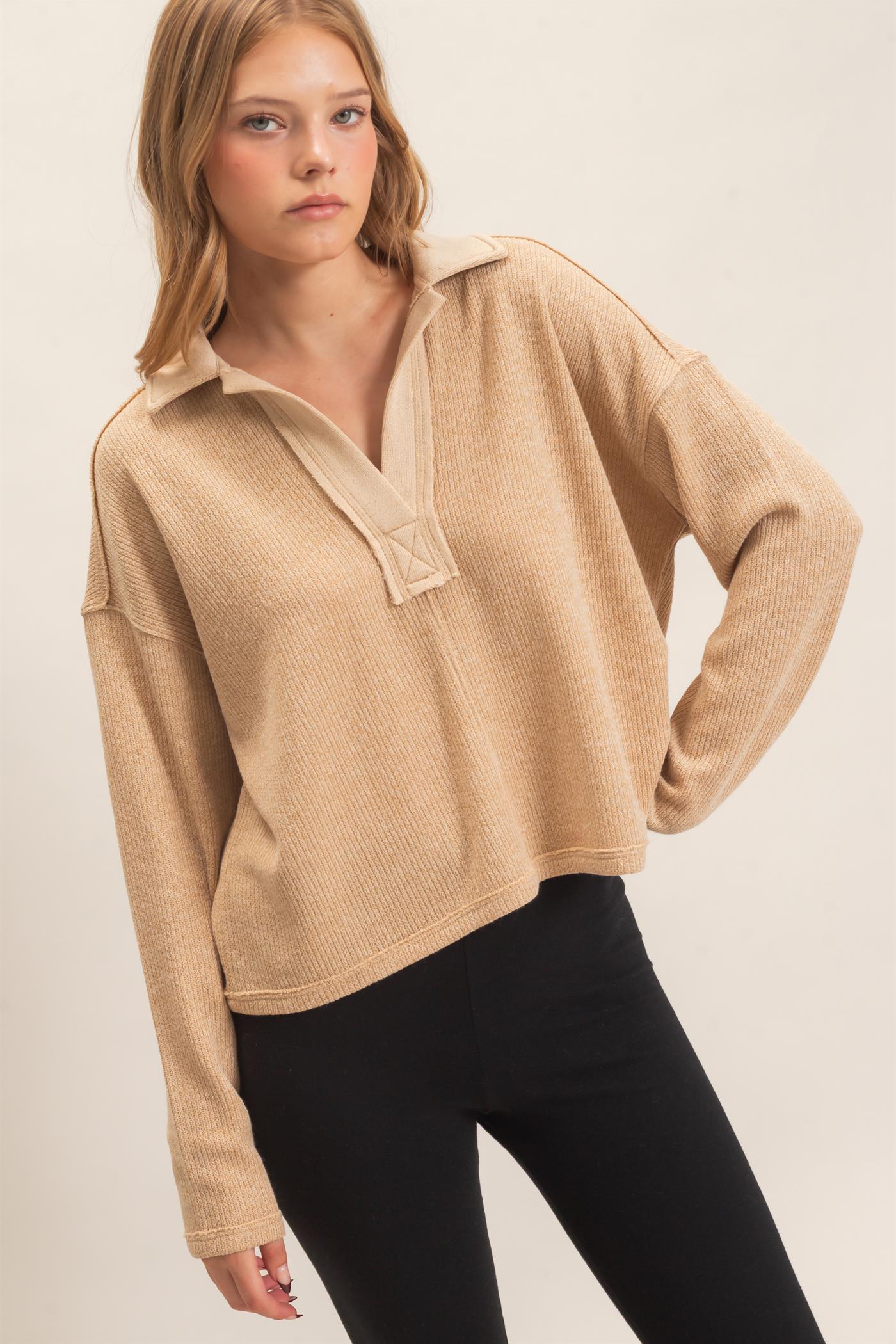 Wholesale Ribbed Collared Pullover Top Clothing Tops HF26E472 CAMEL HYFVE