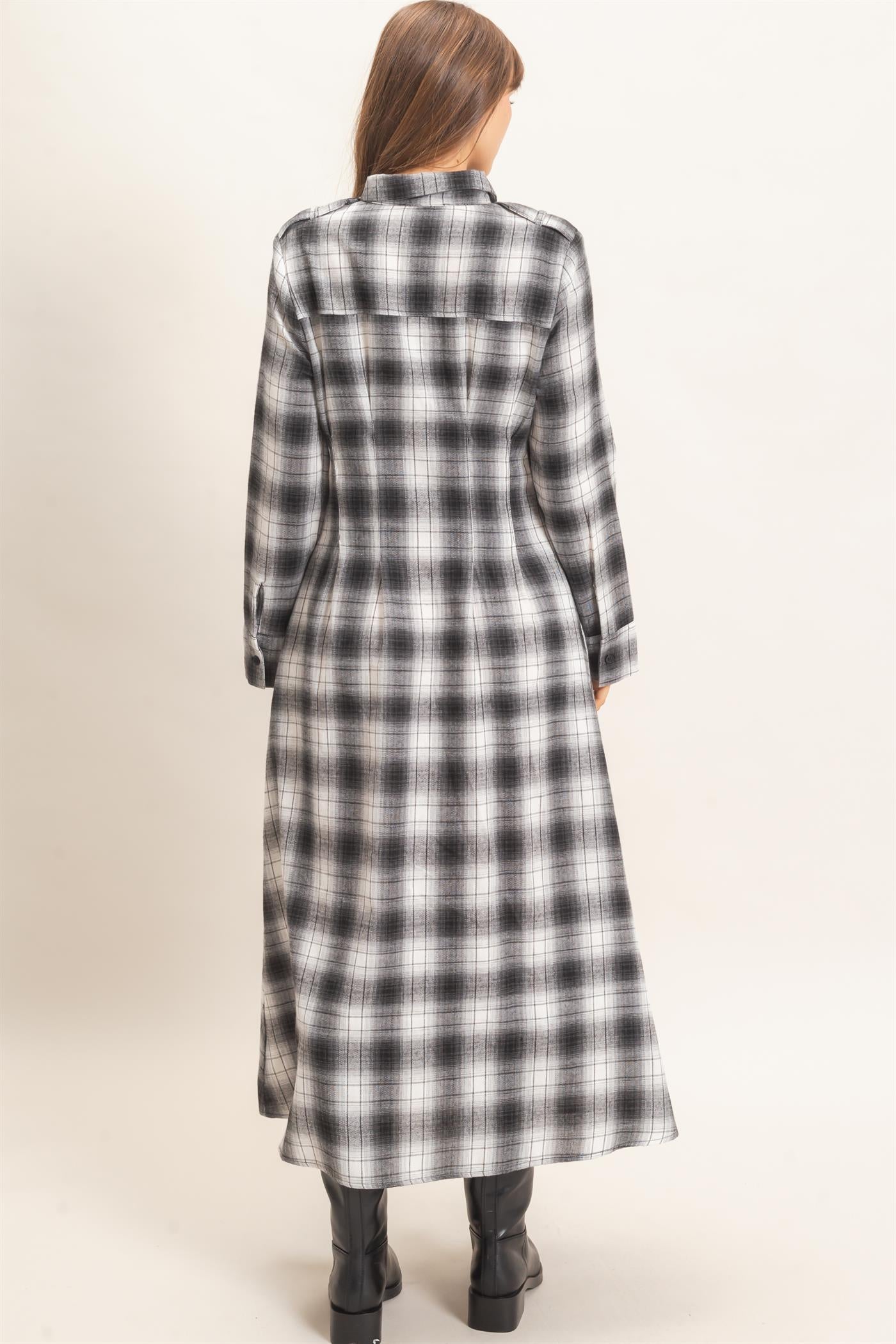 Wholesale Plaid Button-Down Maxi Dress Dresses HF26E999 BLACK HYFVE