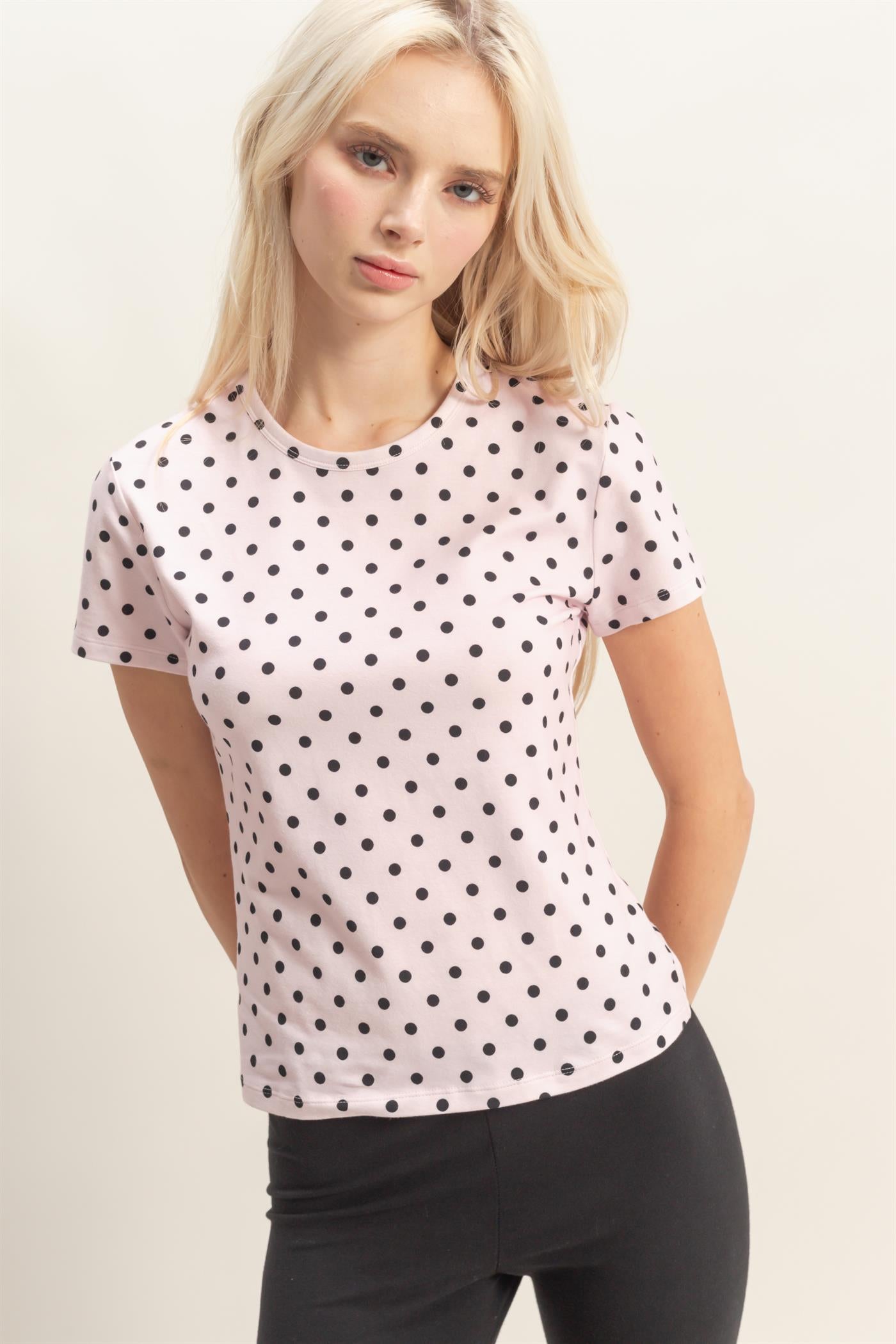 Wholesale Polka Dot Short Sleeve Crew Neck Top Clothing Tops DZ26C383 PINK DOUBLE ZERO
