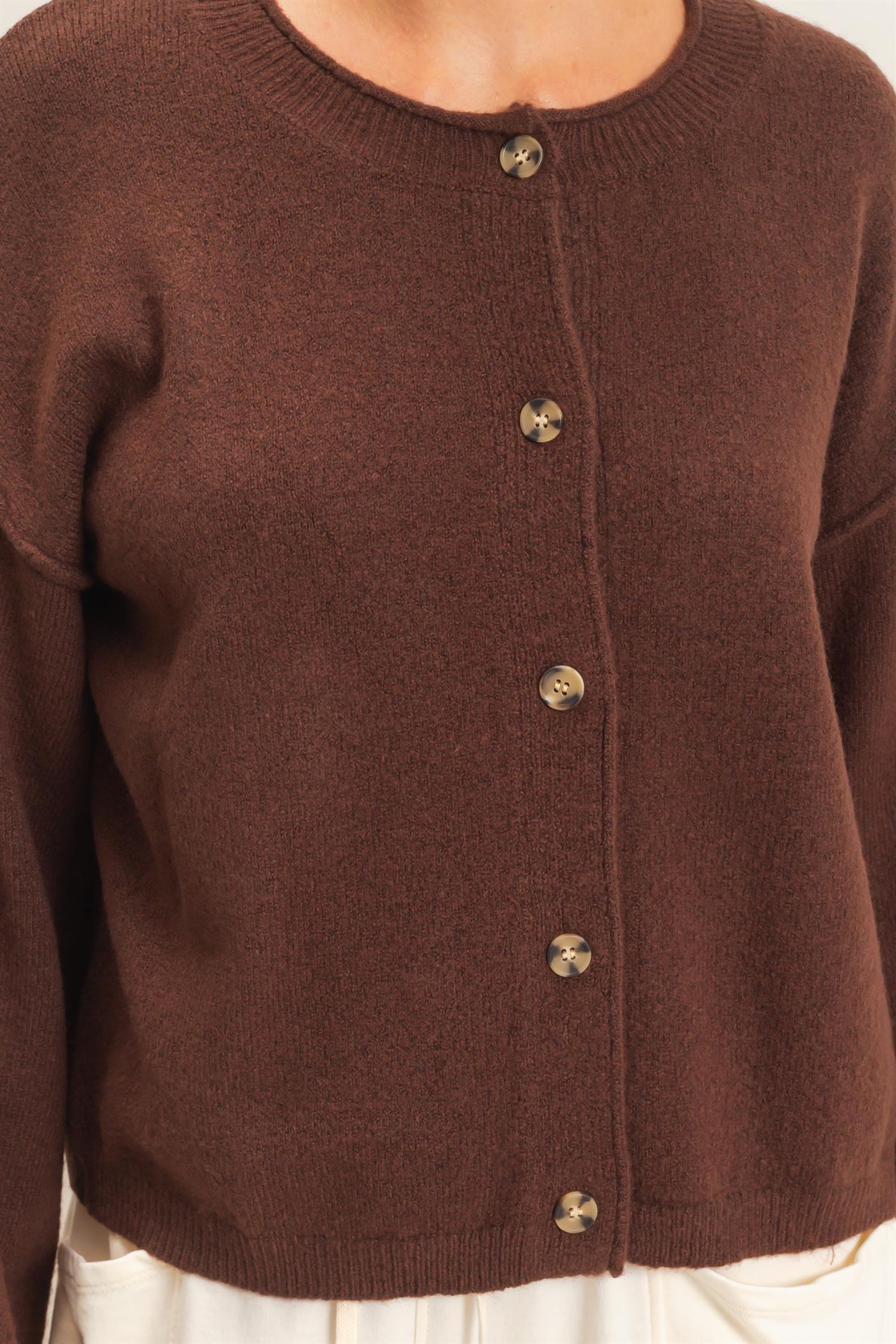 Wholesale Crew Neck Loose Fit Cardigan Cardigans DZ26E269 DARK BROWN DOUBLE ZERO