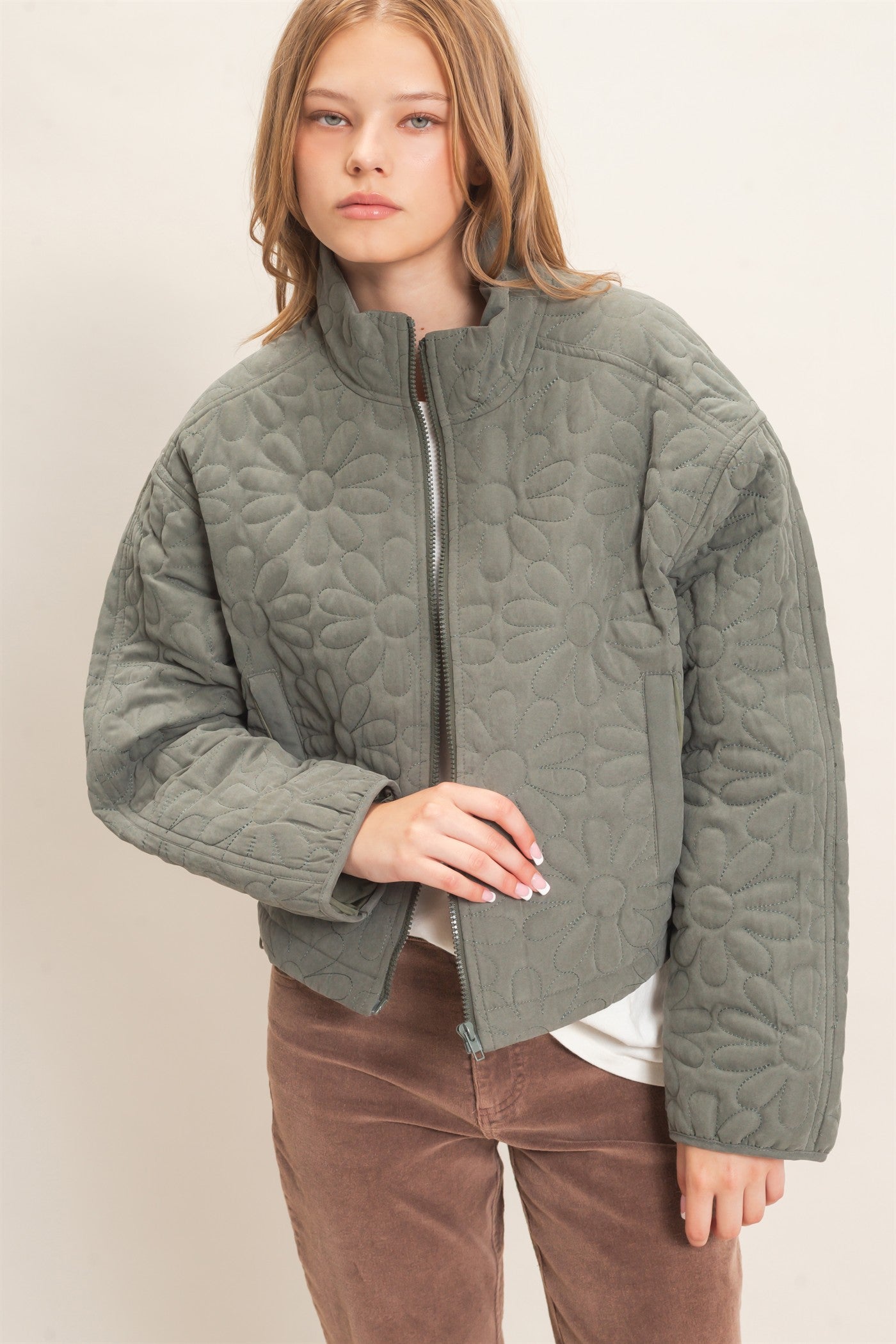 Wholesale Daisy Quilted Mock Neck Jacket Coats & Jackets HF26C821 OLIVE HYFVE