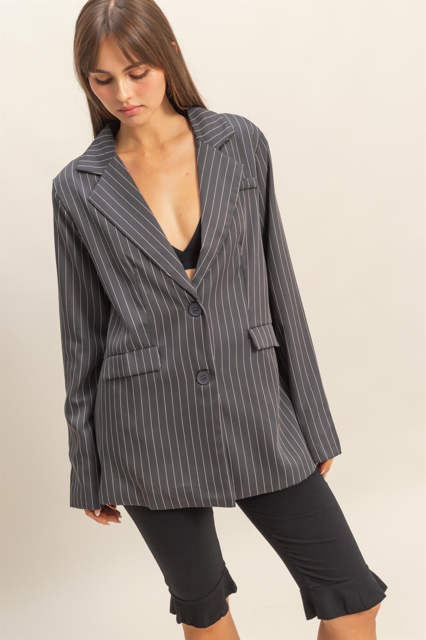 Wholesale Pin Stripe Oversized Blazer Coats & Jackets HF24A247 CHARCOAL HYFVE