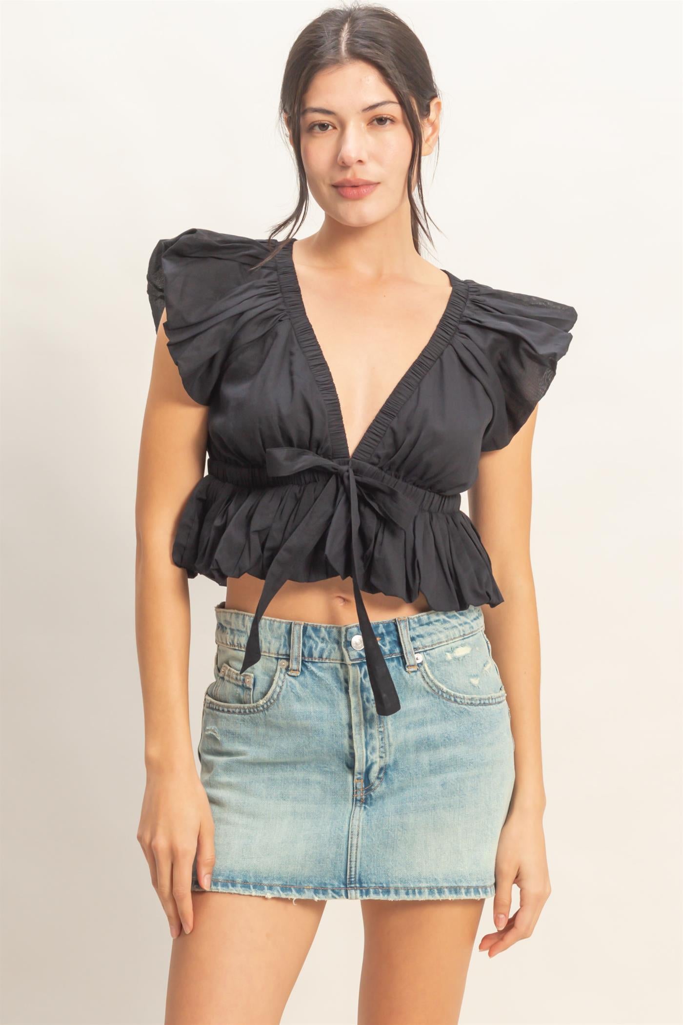 Wholesale Ruched V-Neck Puff Sleeve Top Clothing Tops HF26A122 BLACK HYFVE