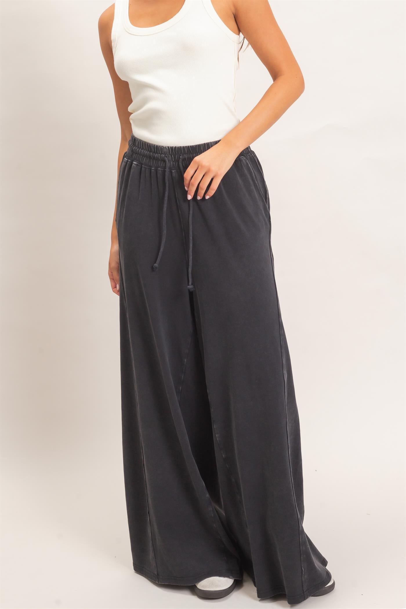 Wholesale Wide Leg Mineral Wash Pants Pants DZ26F406 BLACK DOUBLE ZERO