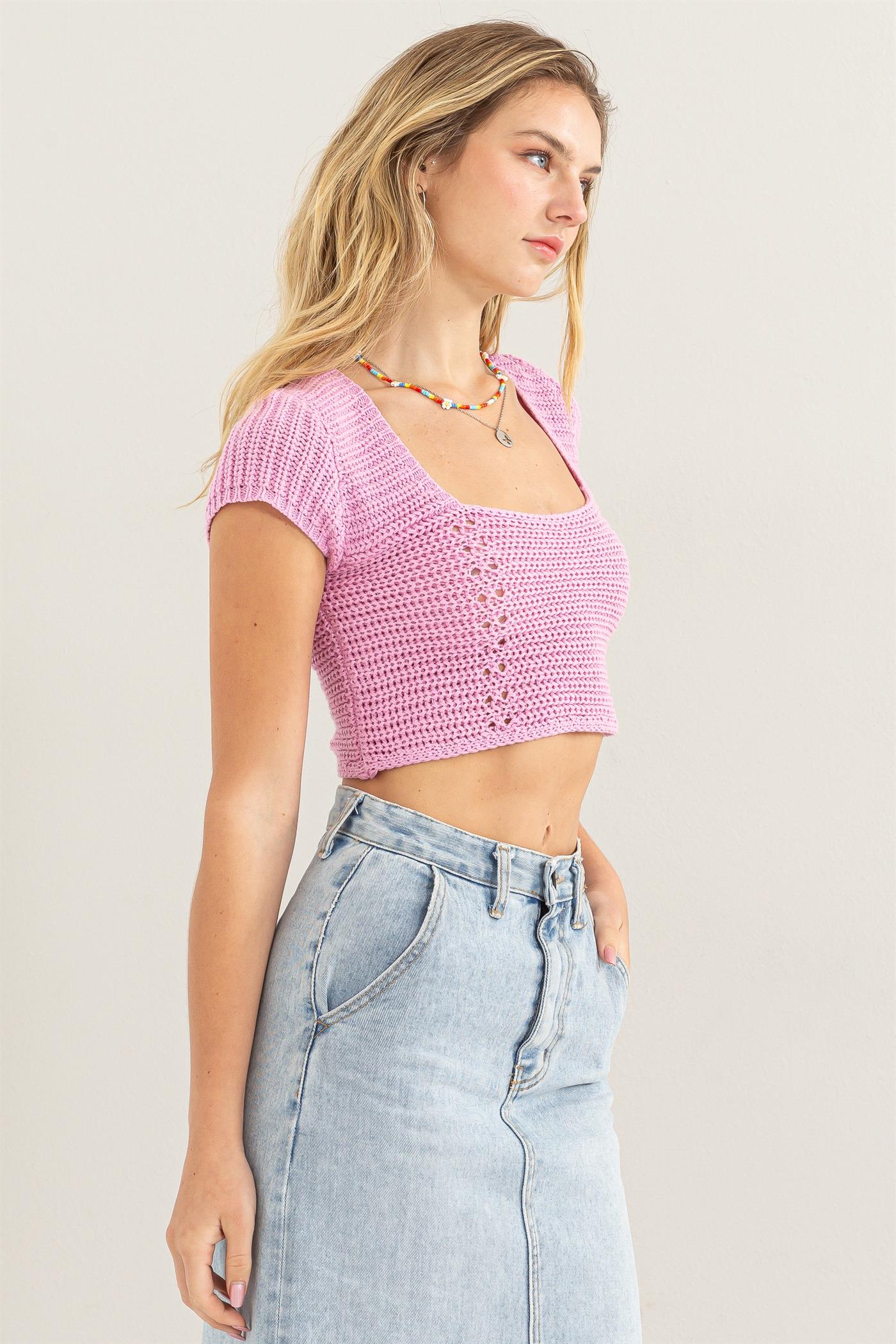 Wholesale Square Neck Cap Sleeve Top Clothing Tops DZ24A868 PINK DOUBLE ZERO