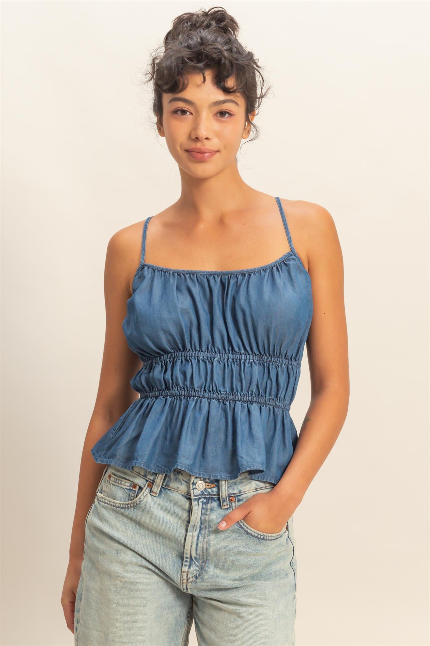 Wholesale Cinched Waist Peplum Top Camisoles DZ26C101 DARK BLUE DOUBLE ZERO