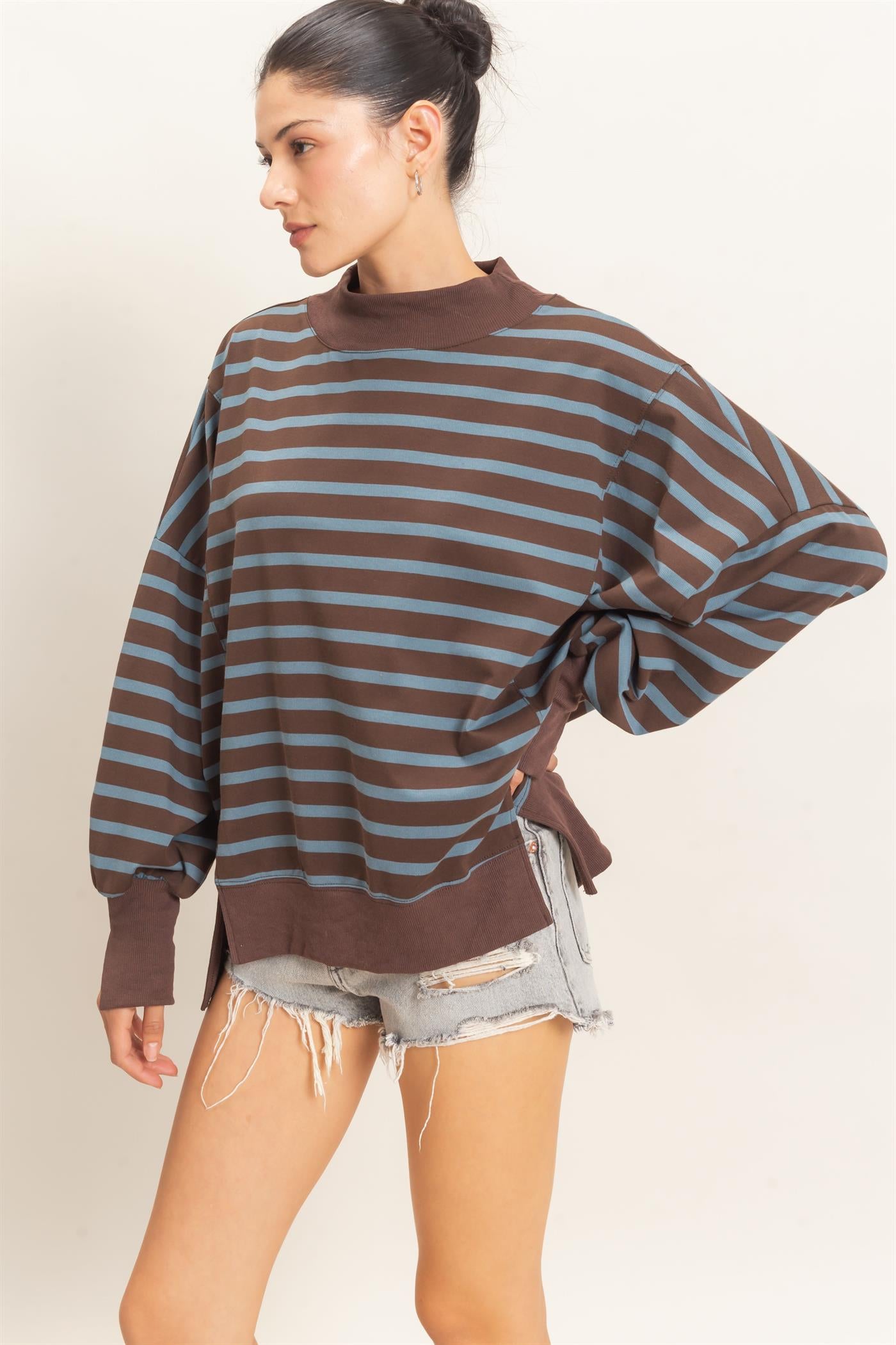 Wholesale Striped Mock Neck Sweatshirt Sweatshirts HF27A178-D BROWN/D.BLUE HYFVE