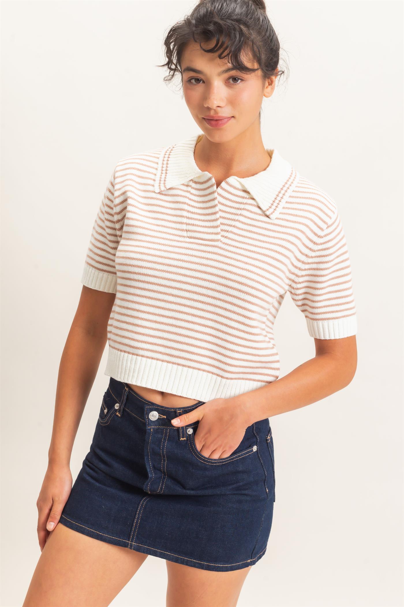 Wholesale Striped Short Sleeve Collar Knit Top Clothing Tops DZ26E261 DARK TAUPE DOUBLE ZERO