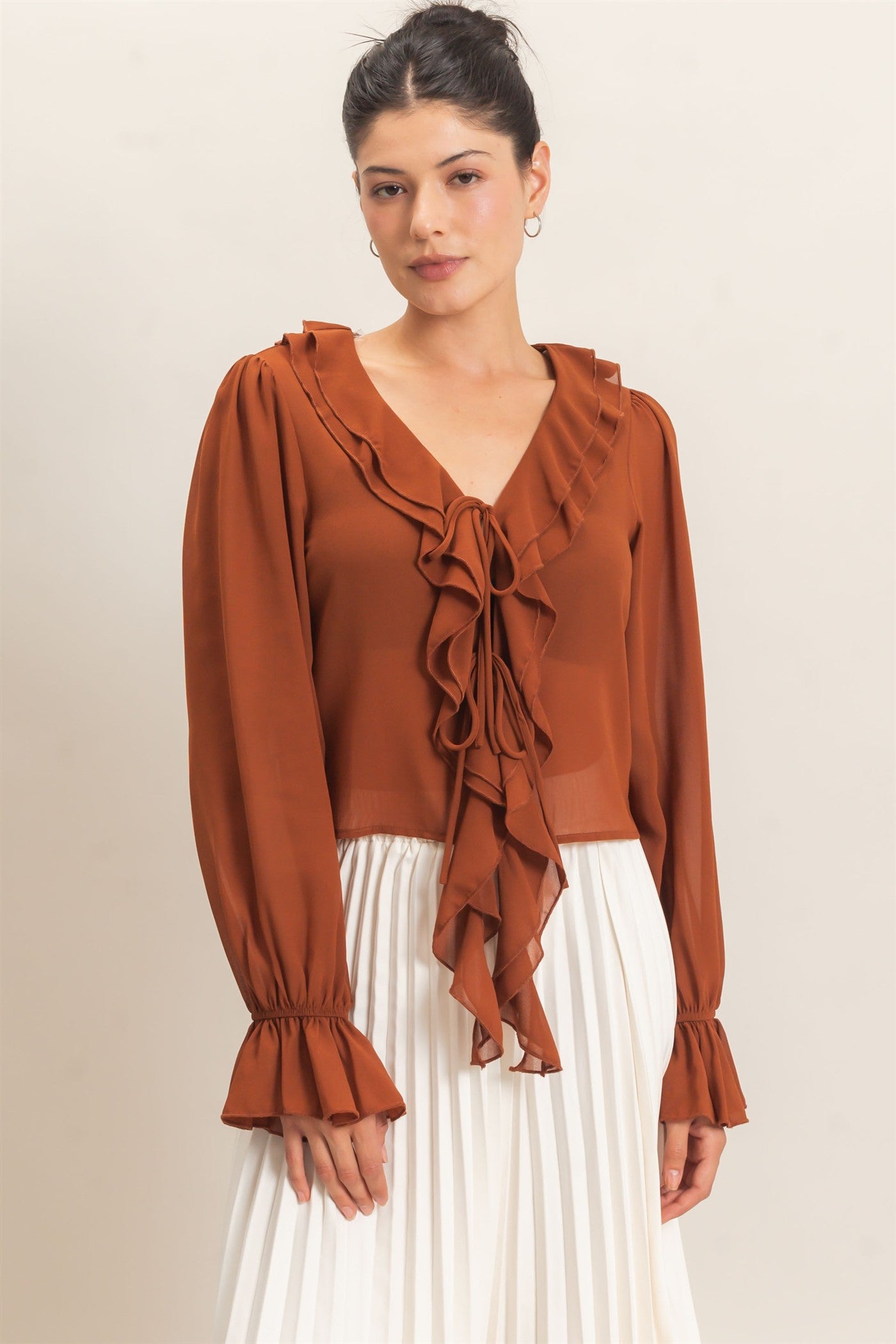 Wholesale Ruffled V-Neck Blouse Blouses HF26F066 CAMEL HYFVE