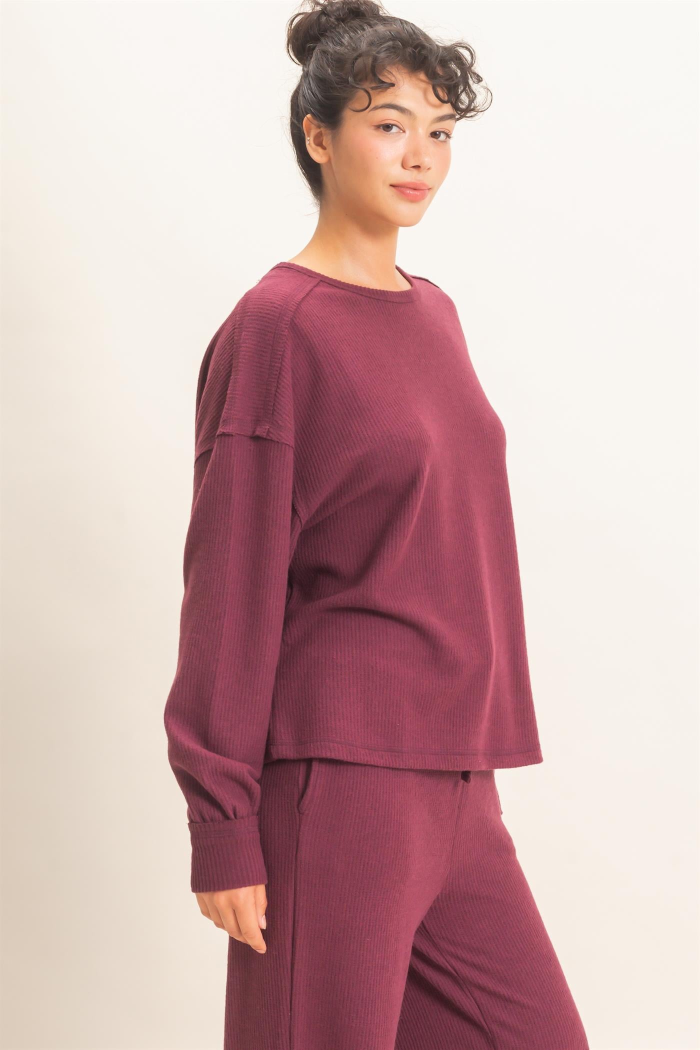 Wholesale Raw Edge Waffle Sweatshirt Sweatshirts DZ26F081 DARK CHERRY HYFVE